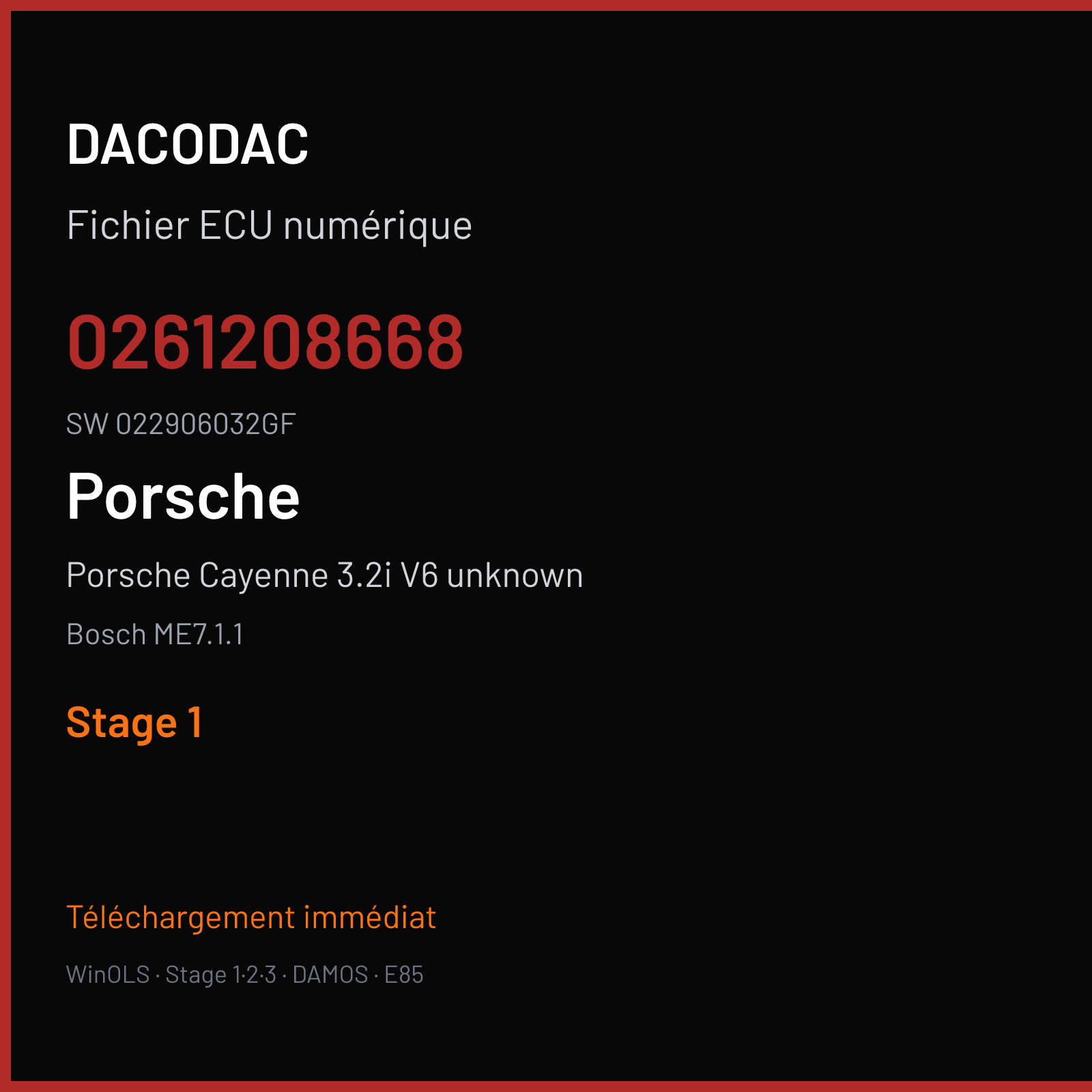 Porsche Cayenne 3.2i V6 unknown 250 ch — Bosch ME7.1.1 — 0261208668 · 022906032GF · 1037382314 — Stage 1