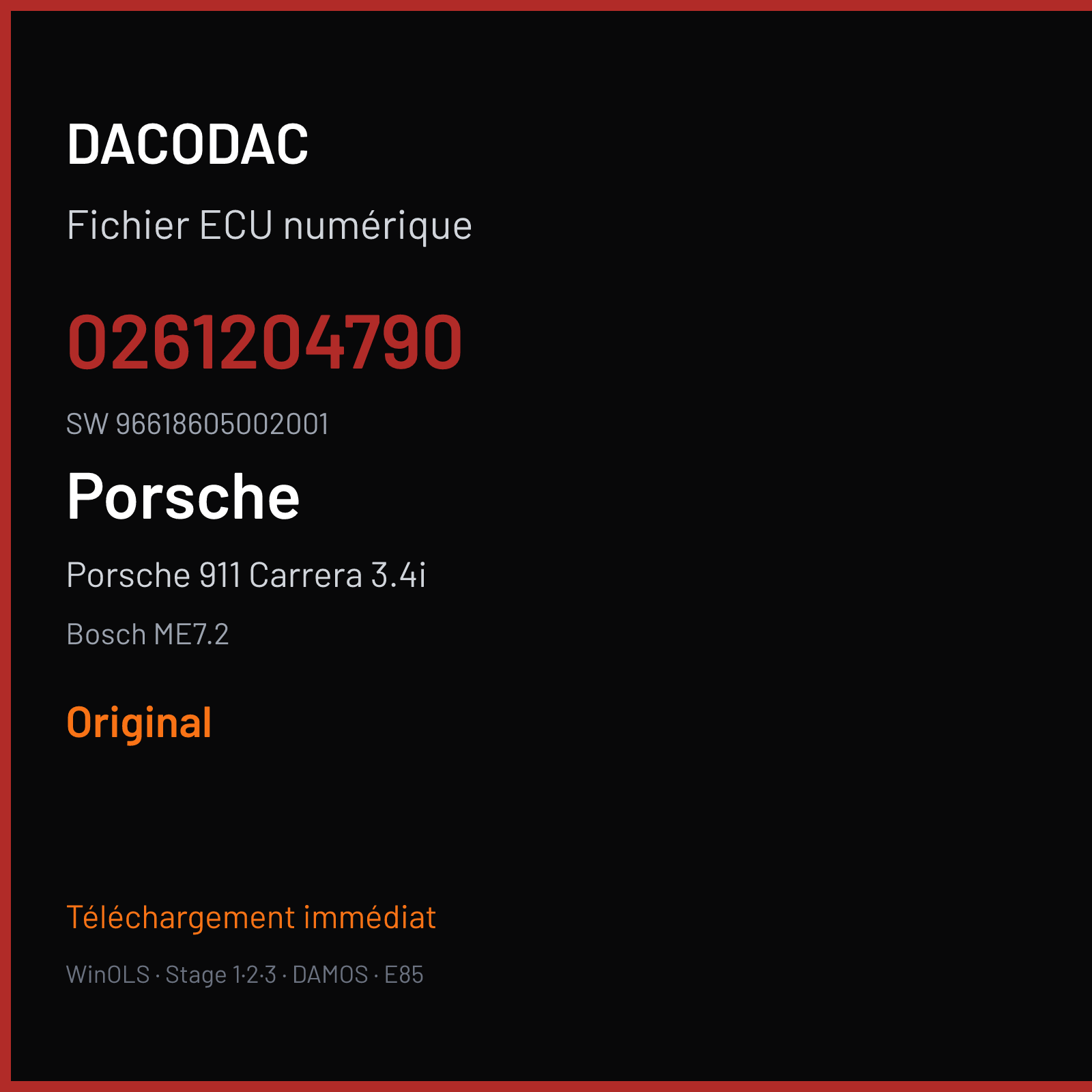 Porsche 911 Carrera 3.4i 300 ch (2001) — Bosch ME7.2 — 0261204790 · 96618605002001 · 357109 — Original