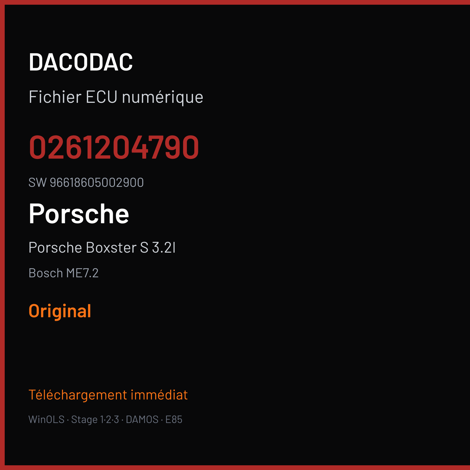 Porsche Boxster S 3.2I 252 ch (1999) — Bosch ME7.2 — 0261204790 · 96618605002900 · 357109 — Original