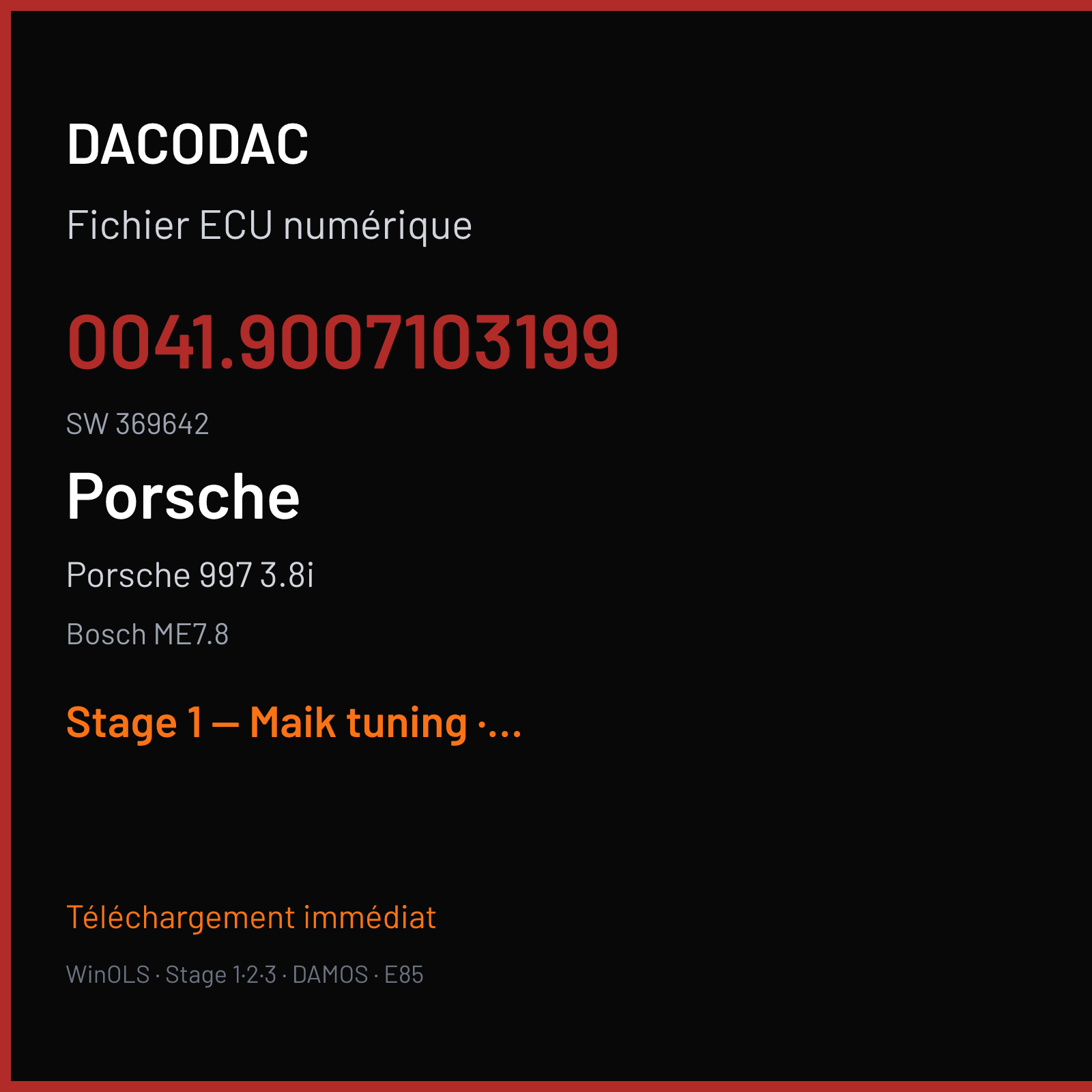 Porsche 997 3.8i (2007) — Bosch ME7.8 — 0041.9007103199 · 369642 — Stage 1 — Maik tuning