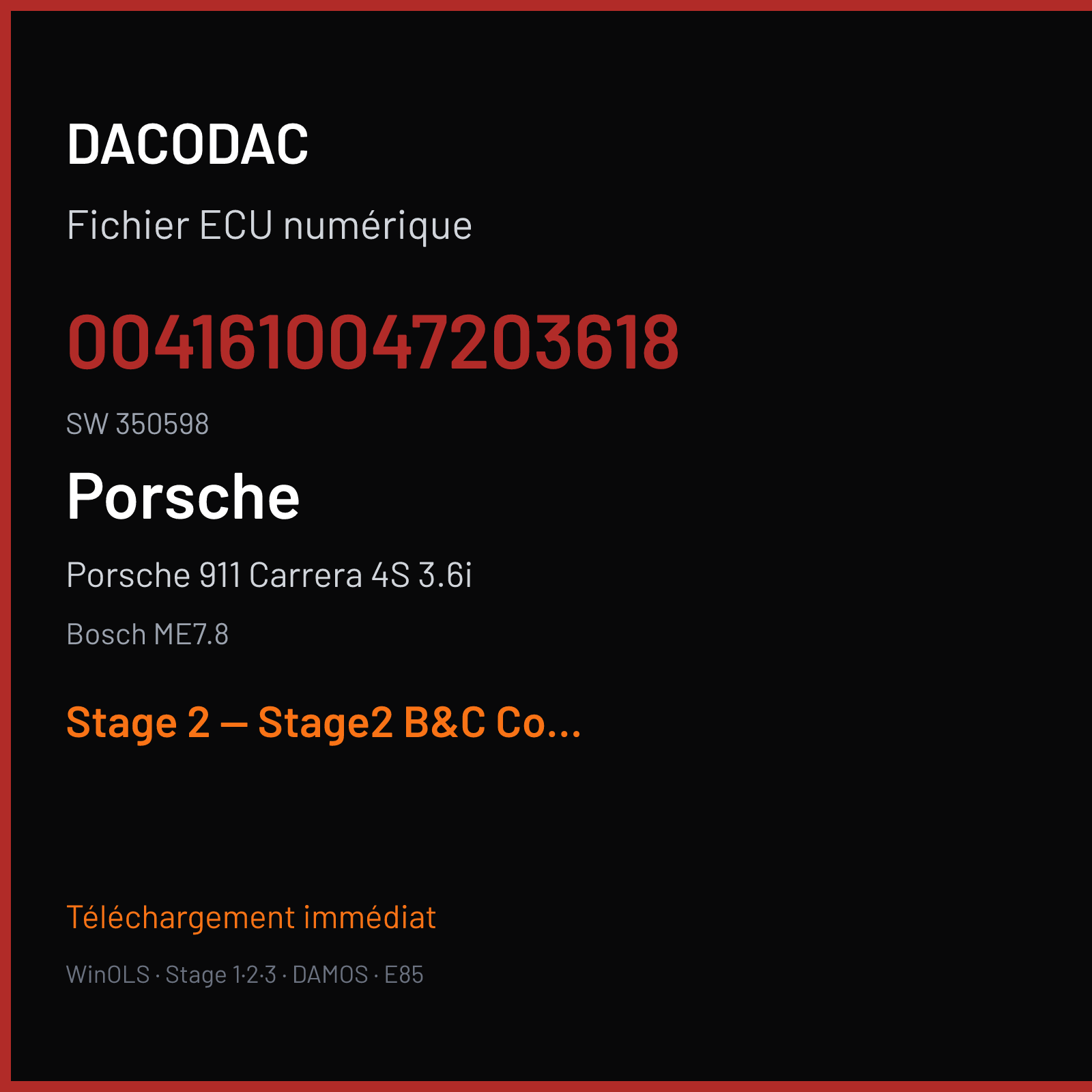 Porsche 911 Carrera 4S 3.6i (2004) — Bosch ME7.8 — 0041610047203618 · 350598 — Stage 2 — Stage2 B&C Consulting