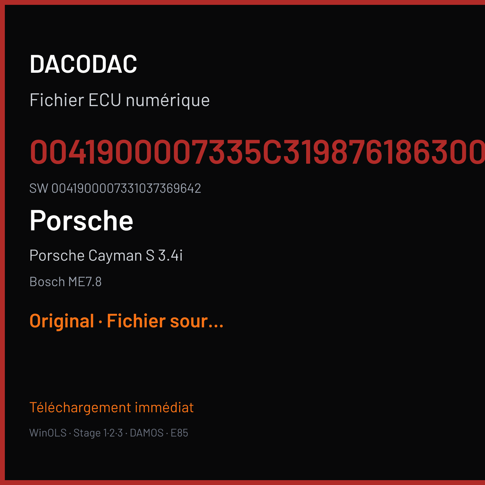 Porsche Cayman S 3.4i 295 ch (2007) — Bosch ME7.8 — 0041900007335C3198761863001 · 0041900007331037369642 · 369642 — Original