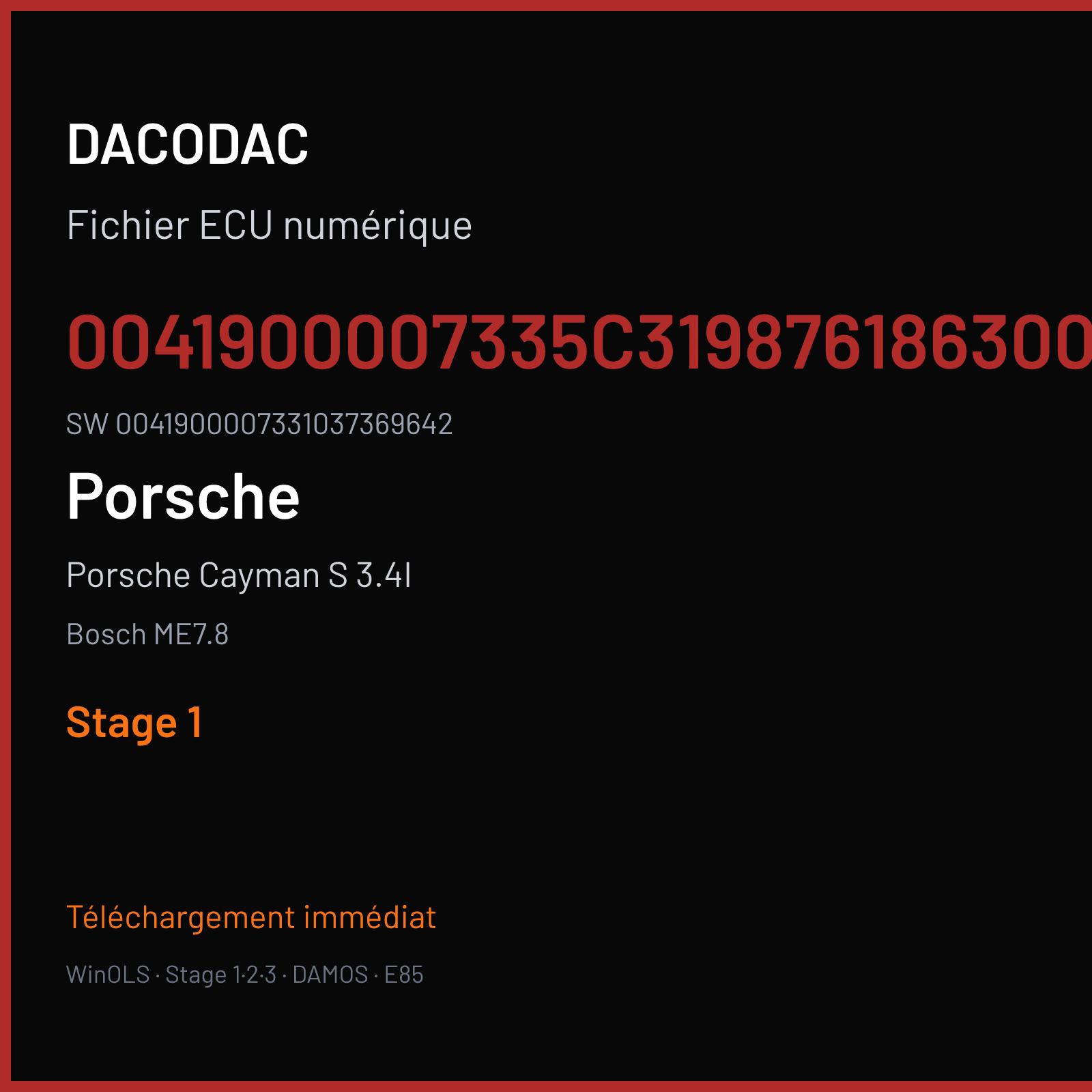 Porsche Cayman S 3.4I 295 ch (2007) — Bosch ME7.8 — 0041900007335C3198761863001 · 0041900007331037369642 · 369642 — Stage 1
