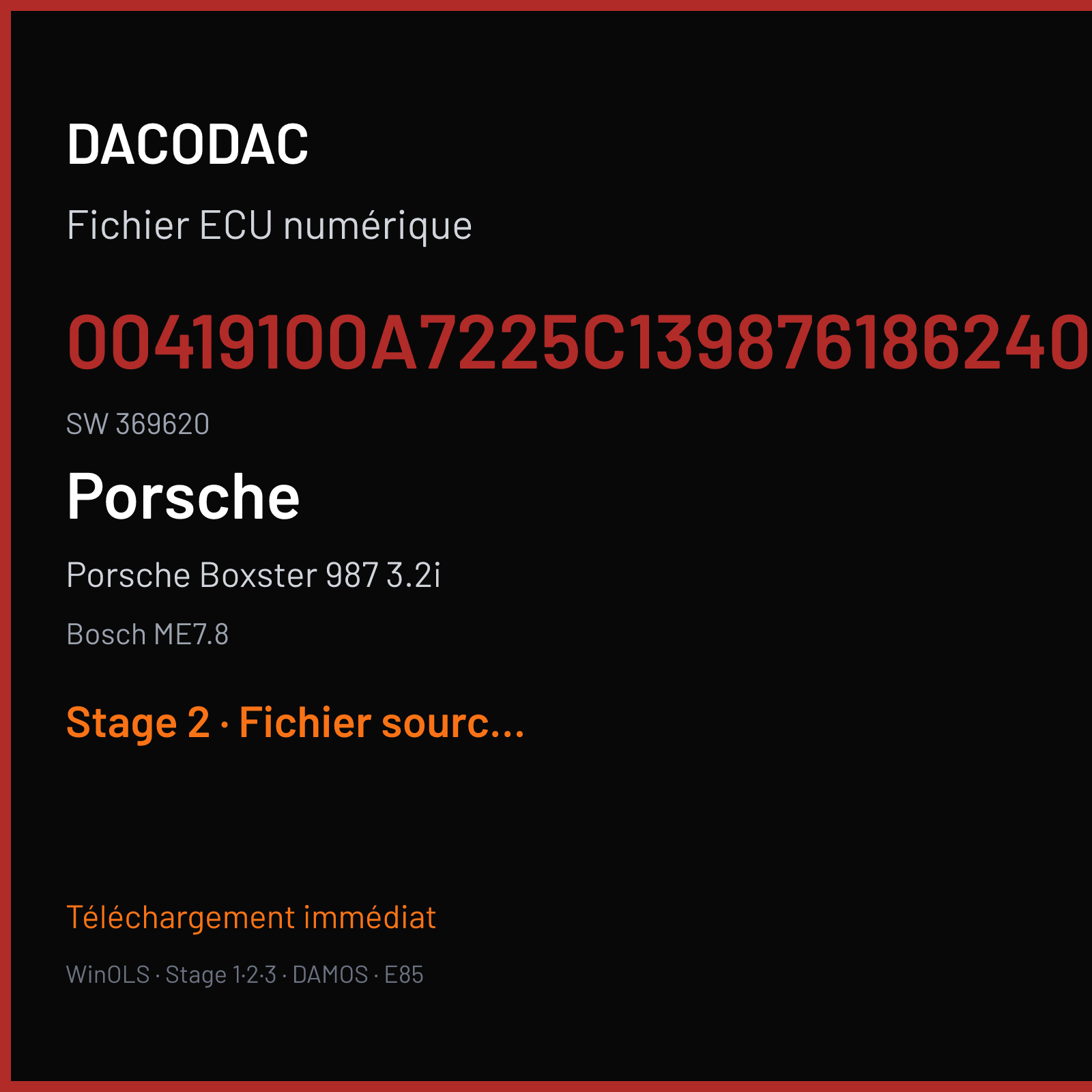 Porsche Boxster 987 3.2i (2005) — Bosch ME7.8 — 00419100A7225C1398761862401 · 369620 — Stage 2