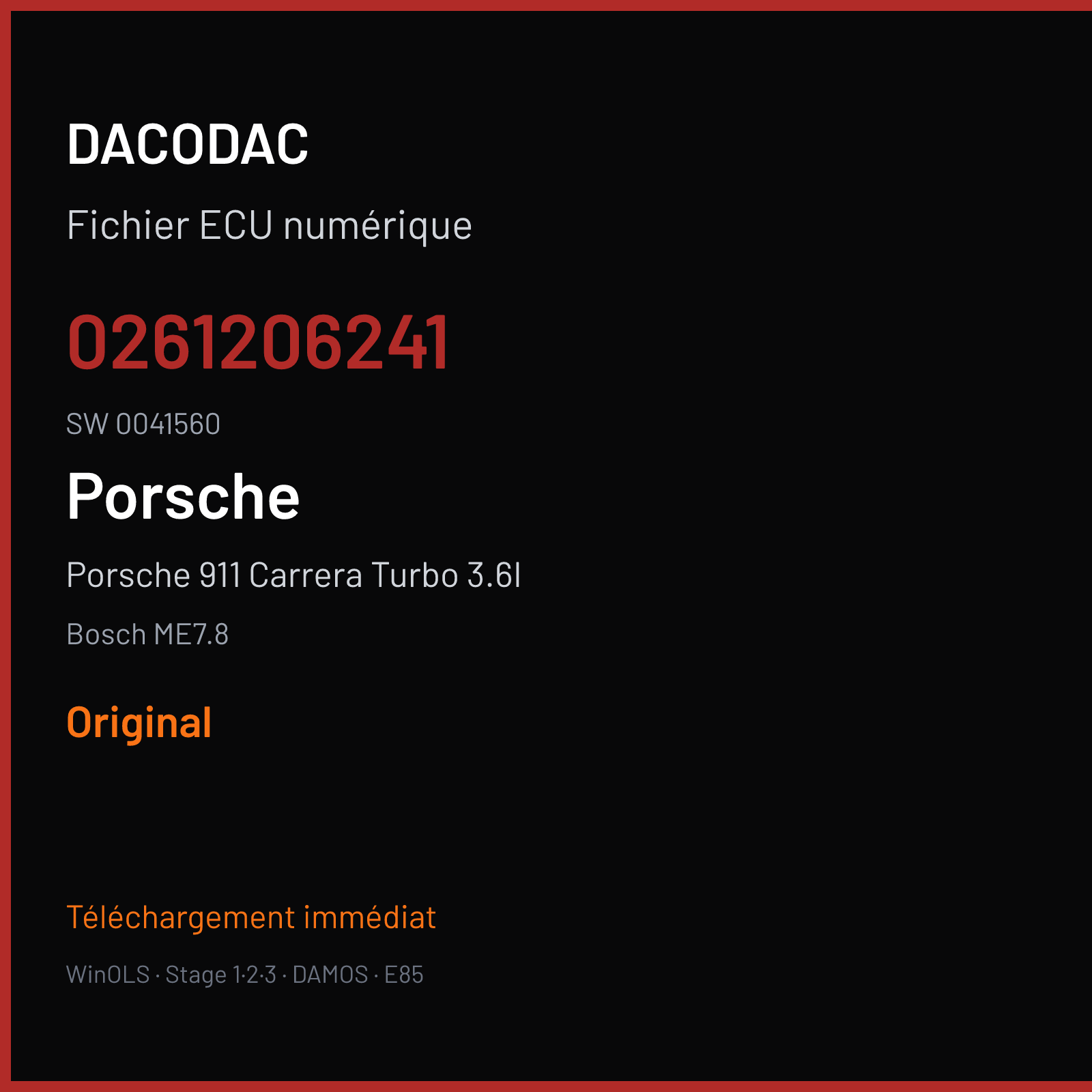 Porsche 911 Carrera Turbo 3.6I 420 ch (2002) — Bosch ME7.8 — 0261206241 · 0041560 · -161205809 350540 — Original