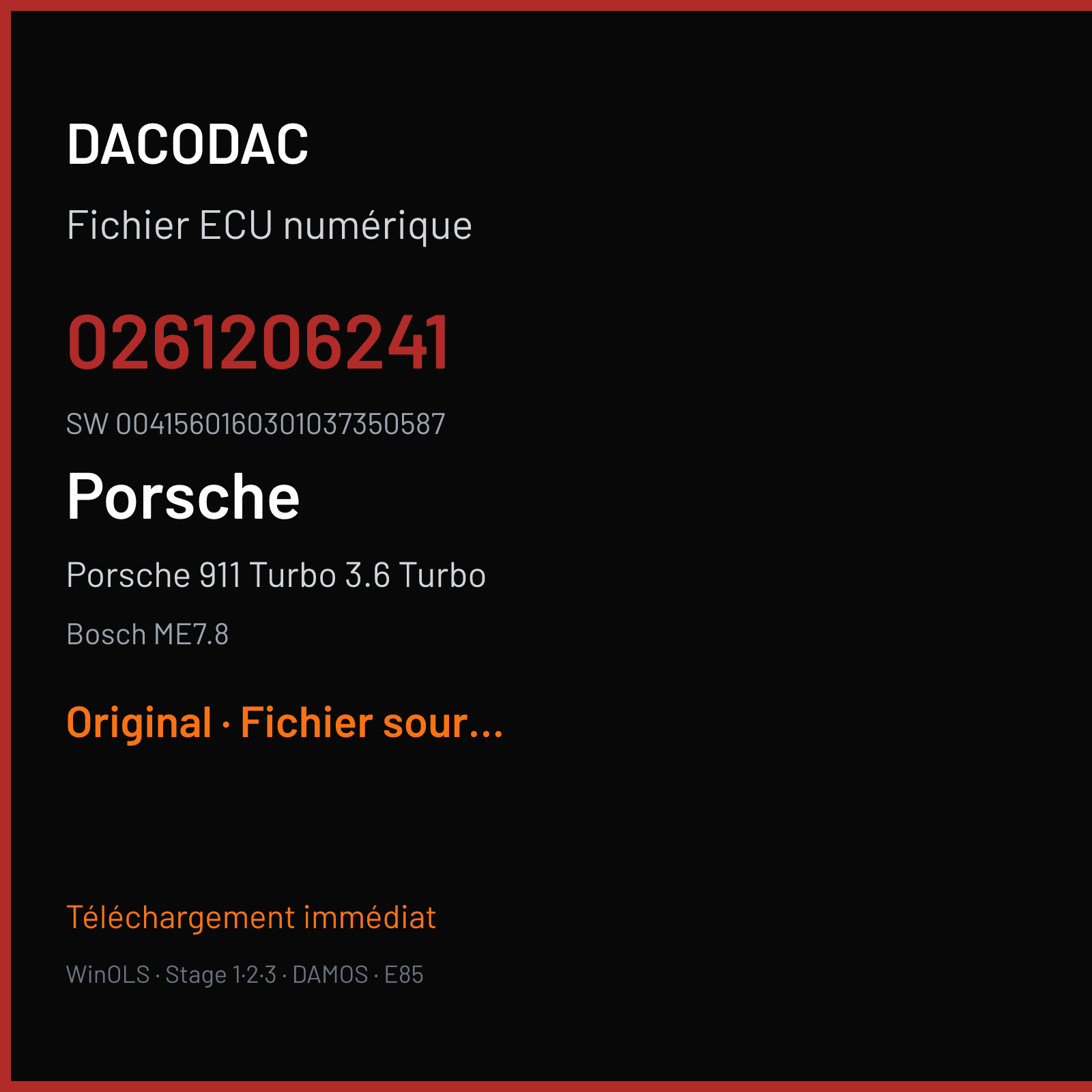 Porsche 911 Turbo 3.6 Turbo 420 ch (2002) — Bosch ME7.8 — 0261206241 · 0041560160301037350587 · 350587 — Original