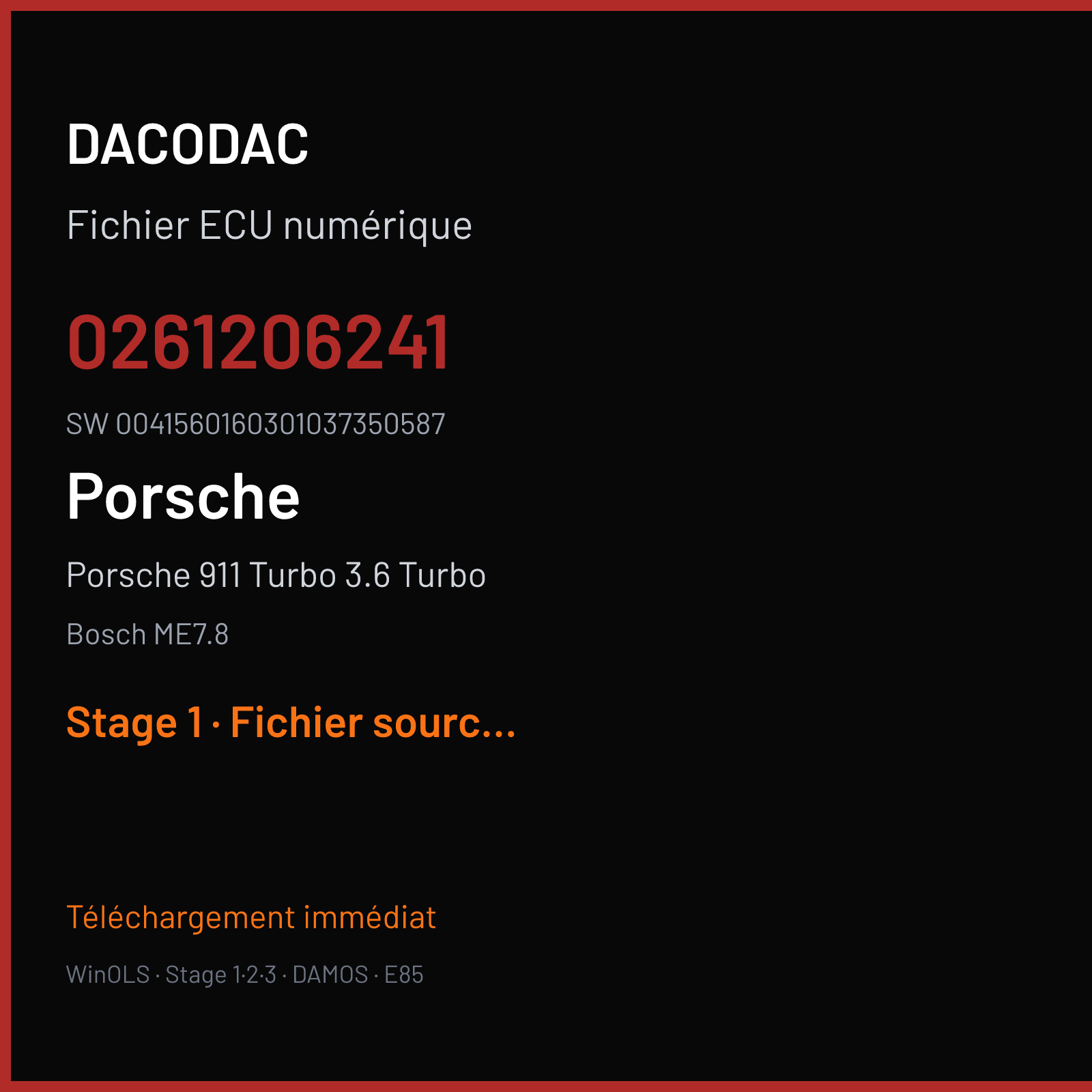 Porsche 911 Turbo 3.6 Turbo 420 ch (2002) — Bosch ME7.8 — 0261206241 · 0041560160301037350587 · 350587 — Stage 1