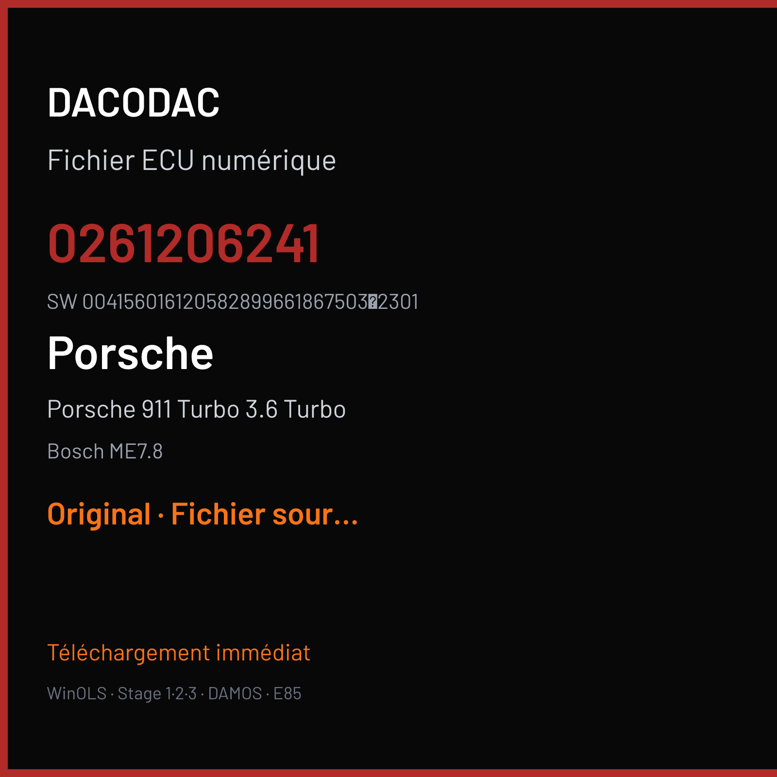 Porsche 911 Turbo 3.6 Turbo 420 ch (2001) — Bosch ME7.8 — 0261206241 · 0041560161205828996618675032301 — Original