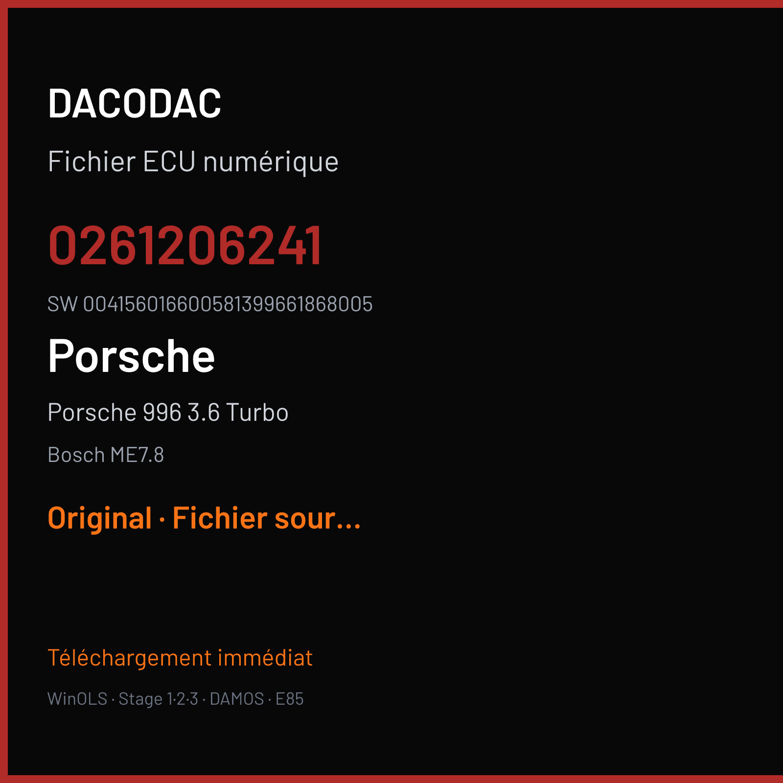 Porsche 996 3.6 Turbo 420 ch (2002) — Bosch ME7.8 — 0261206241 · 004156016600581399661868005 · 350587 — Original