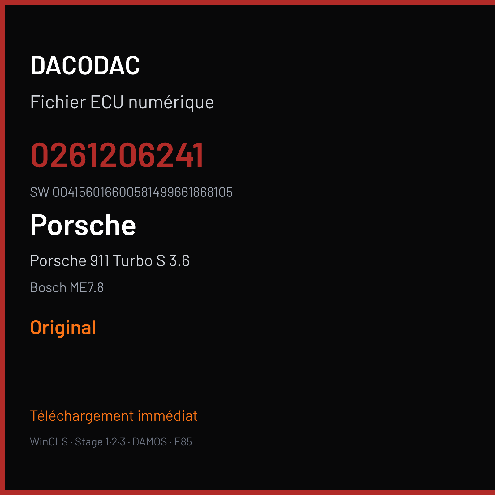 Porsche 911 Turbo S 3.6 450 ch (2003) — Bosch ME7.8 — 0261206241 · 004156016600581499661868105 · 350587 — Original