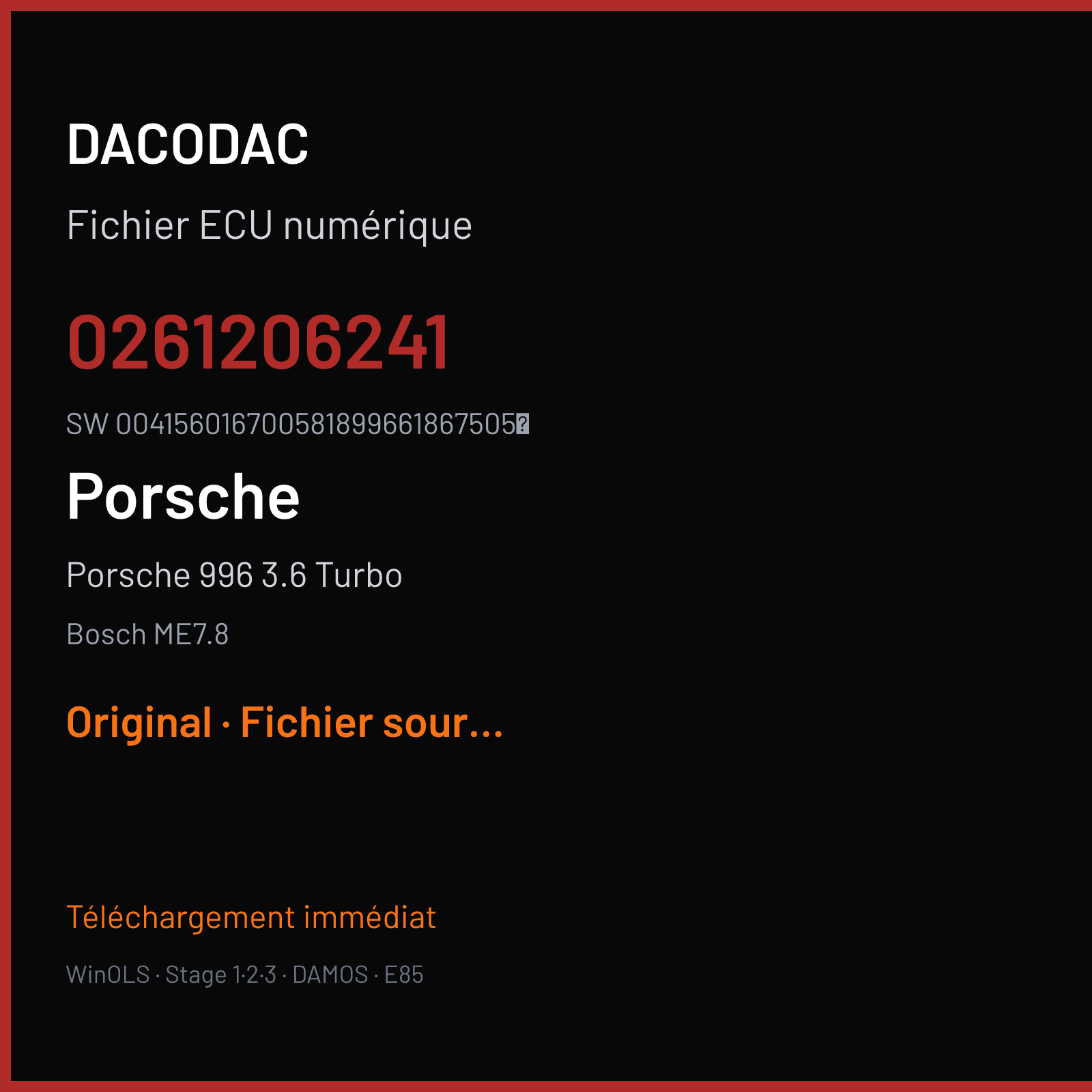 Porsche 996 3.6 Turbo 420 ch (2002) — Bosch ME7.8 — 0261206241 · 004156016700581899661867505 · 5401 350587 — Original