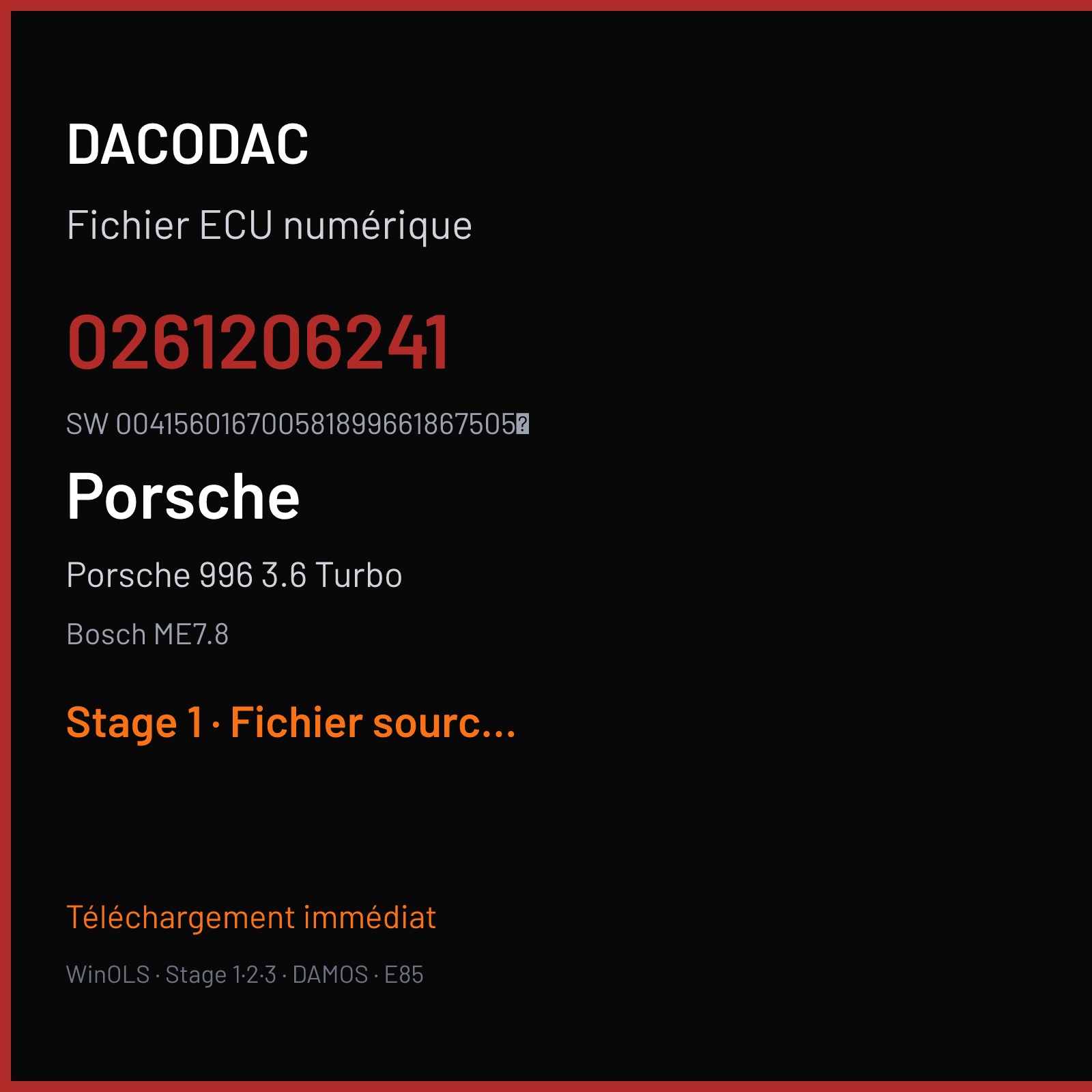 Porsche 996 3.6 Turbo 420 ch (2002) — Bosch ME7.8 — 0261206241 · 004156016700581899661867505 · 5401 350587 — Stage 1