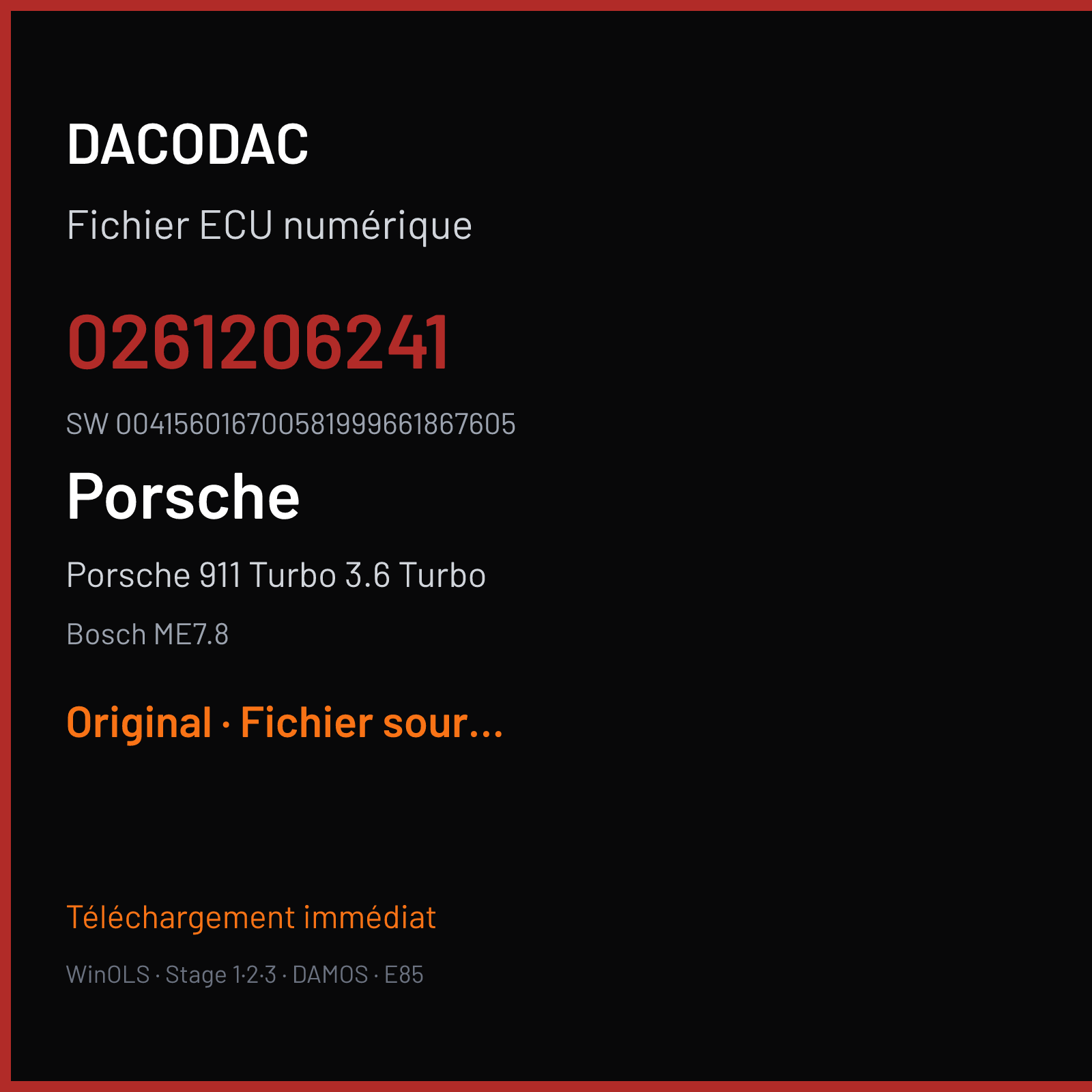 Porsche 911 Turbo 3.6 Turbo 420 ch (2004) — Bosch ME7.8 — 0261206241 · 004156016700581999661867605 — Original