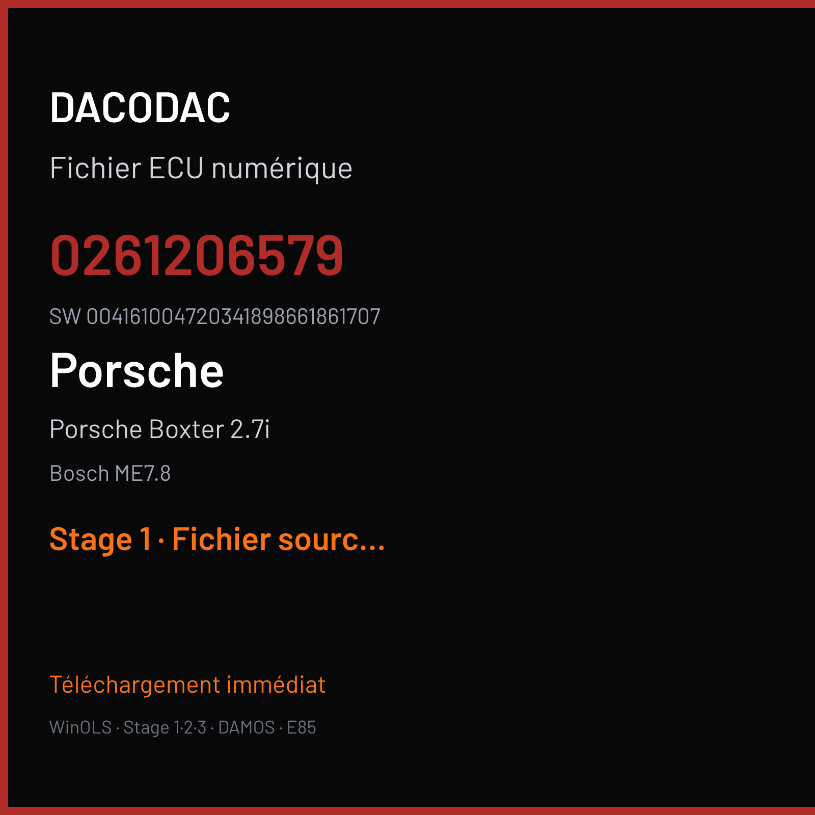 Porsche Boxter 2.7i 220 ch (2003) — Bosch ME7.8 — 0261206579 · 004161004720341898661861707 · 350598 — Stage 1