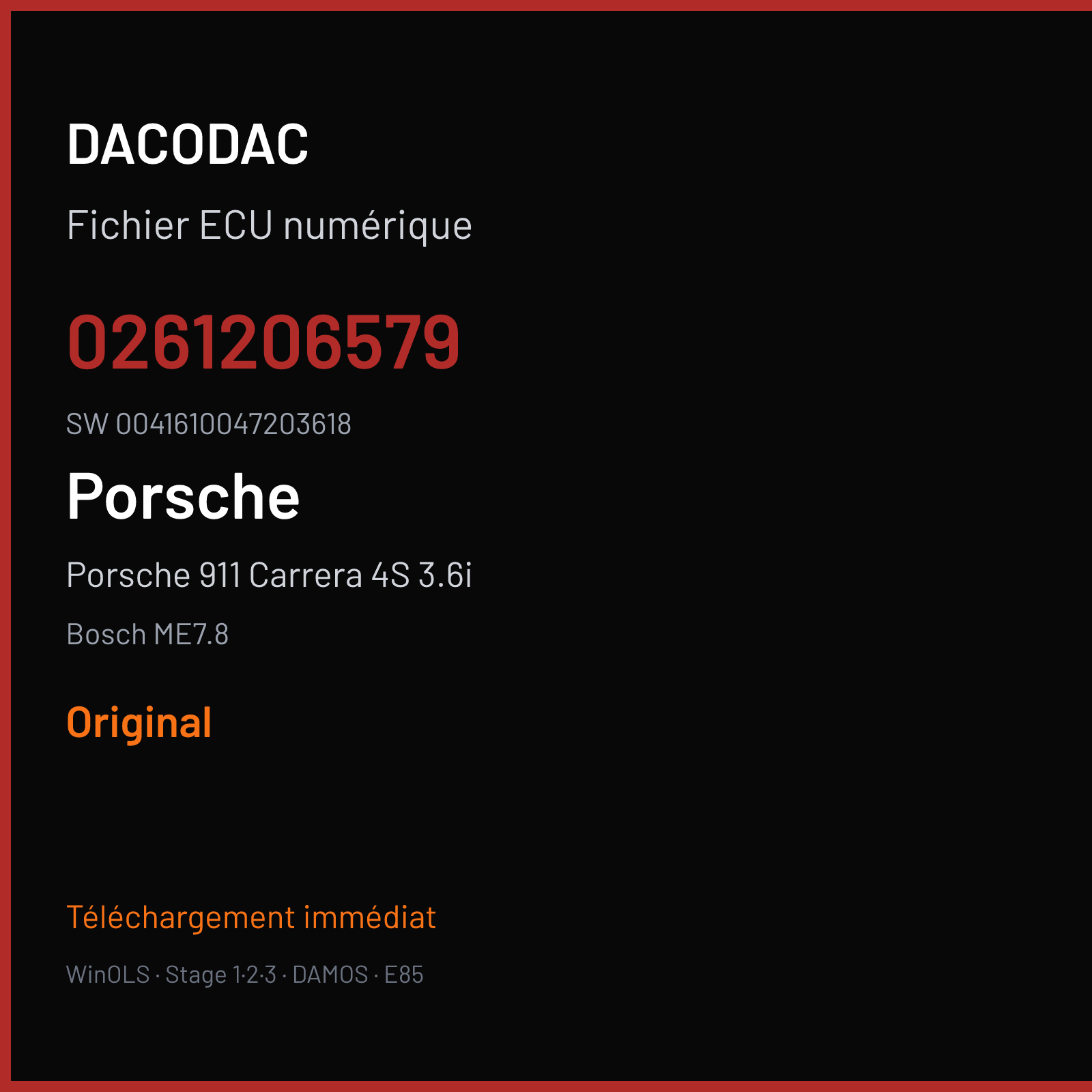Porsche 911 Carrera 4S 3.6i 320 ch (2004) — Bosch ME7.8 — 0261206579 · 0041610047203618 · 350598 — Original
