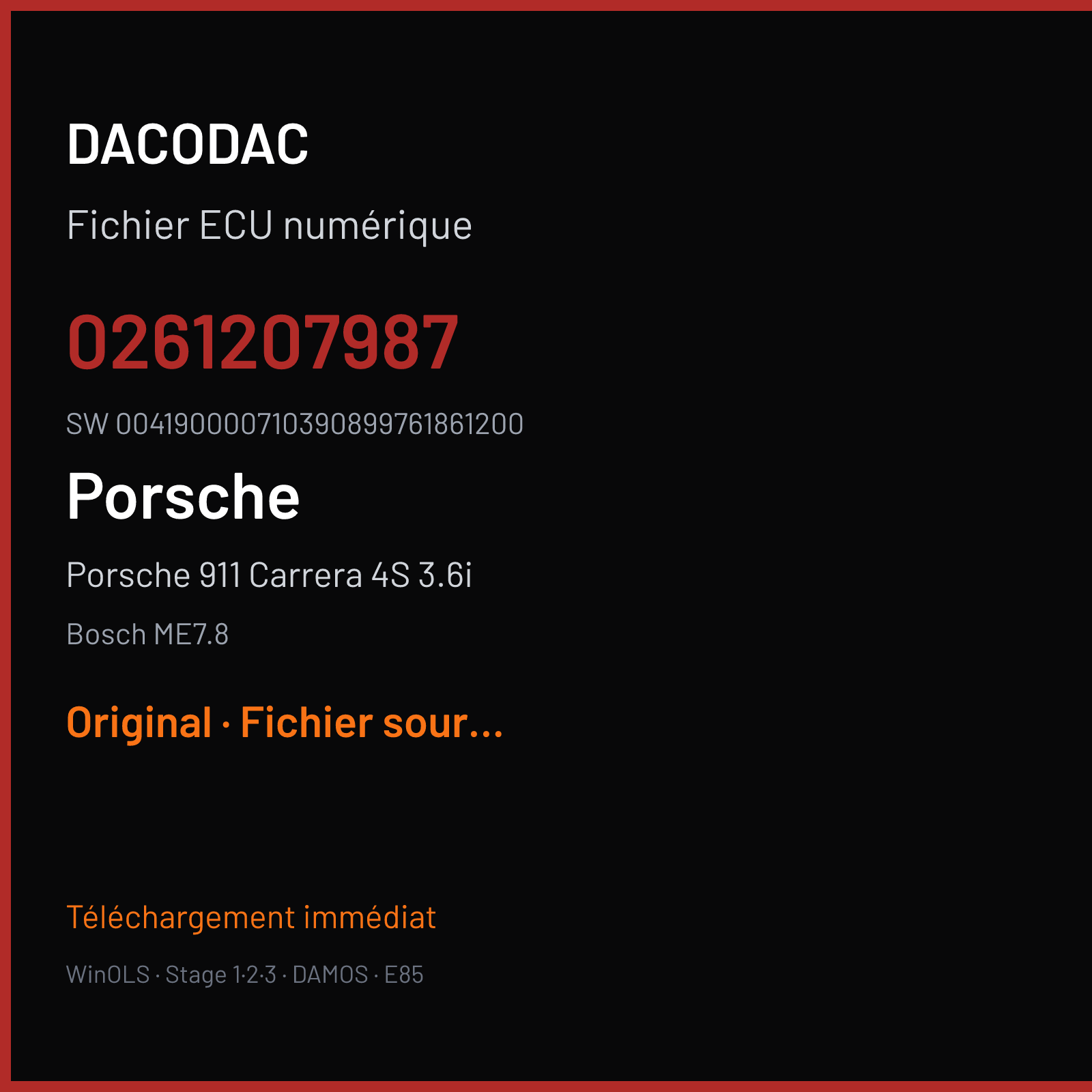 Porsche 911 Carrera 4S 3.6i 325 ch (2006) — Bosch ME7.8 — 0261207987 · 004190000710390899761861200 · S04730 — Original