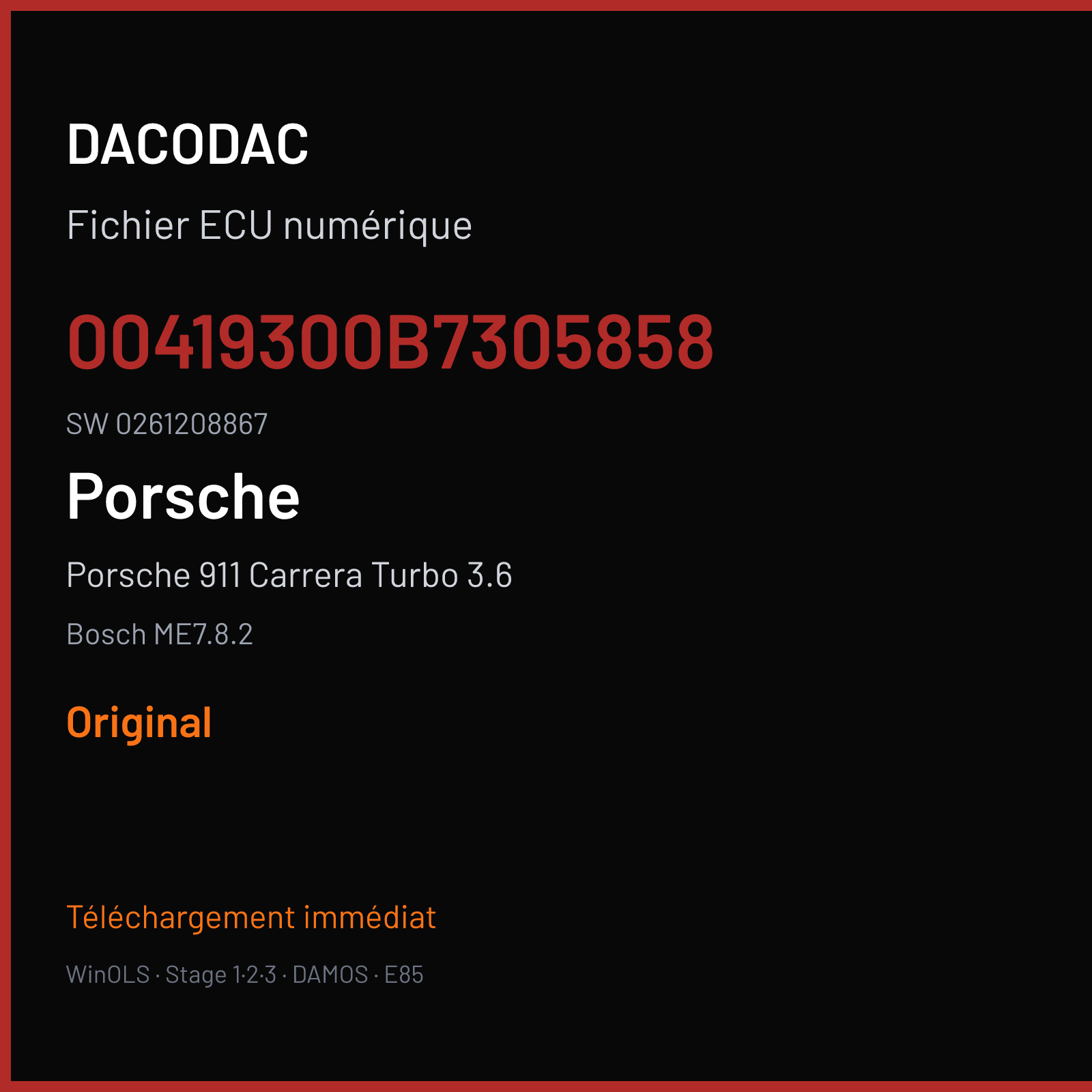 Porsche 911 Carrera Turbo 3.6 480 ch (2007) — Bosch ME7.8.2 — 00419300B7305858 · 0261208867 · 1039S19440 — Original