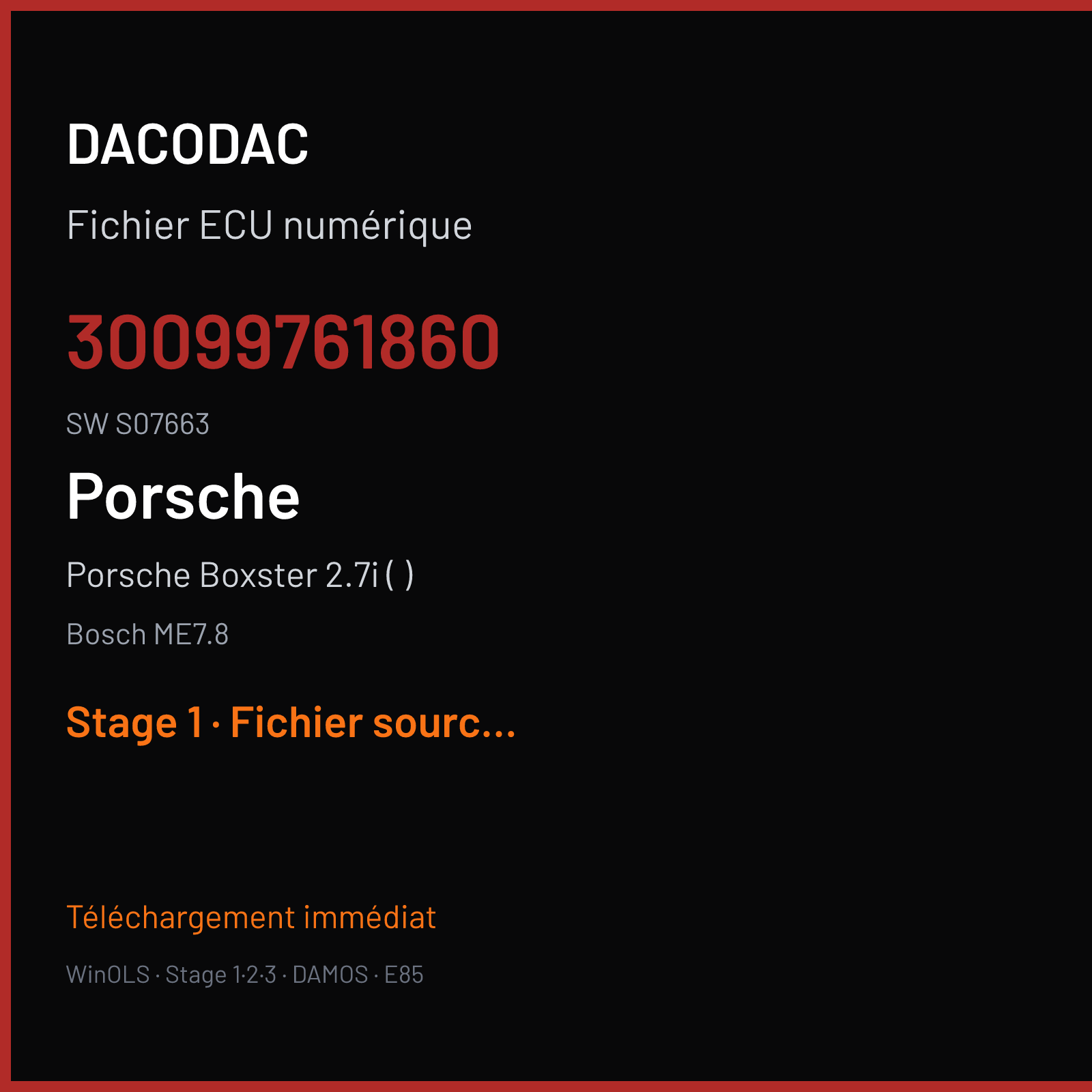 Porsche Boxster 2.7i (2007) — Bosch ME7.8 — 30099761860 · S07663 — Stage 1