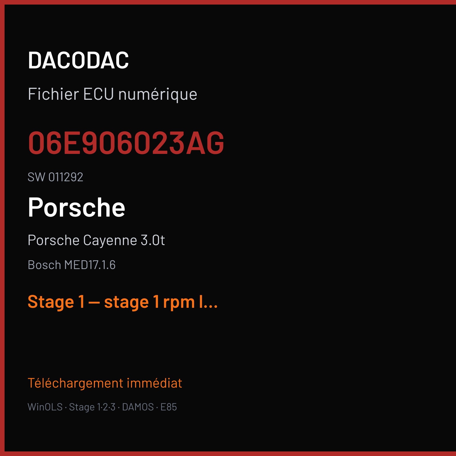 Porsche Cayenne 3.0t — Bosch MED17.1.6 — 06E906023AG · 011292 — Stage 1 — stage 1 rpm limit mod vmax off