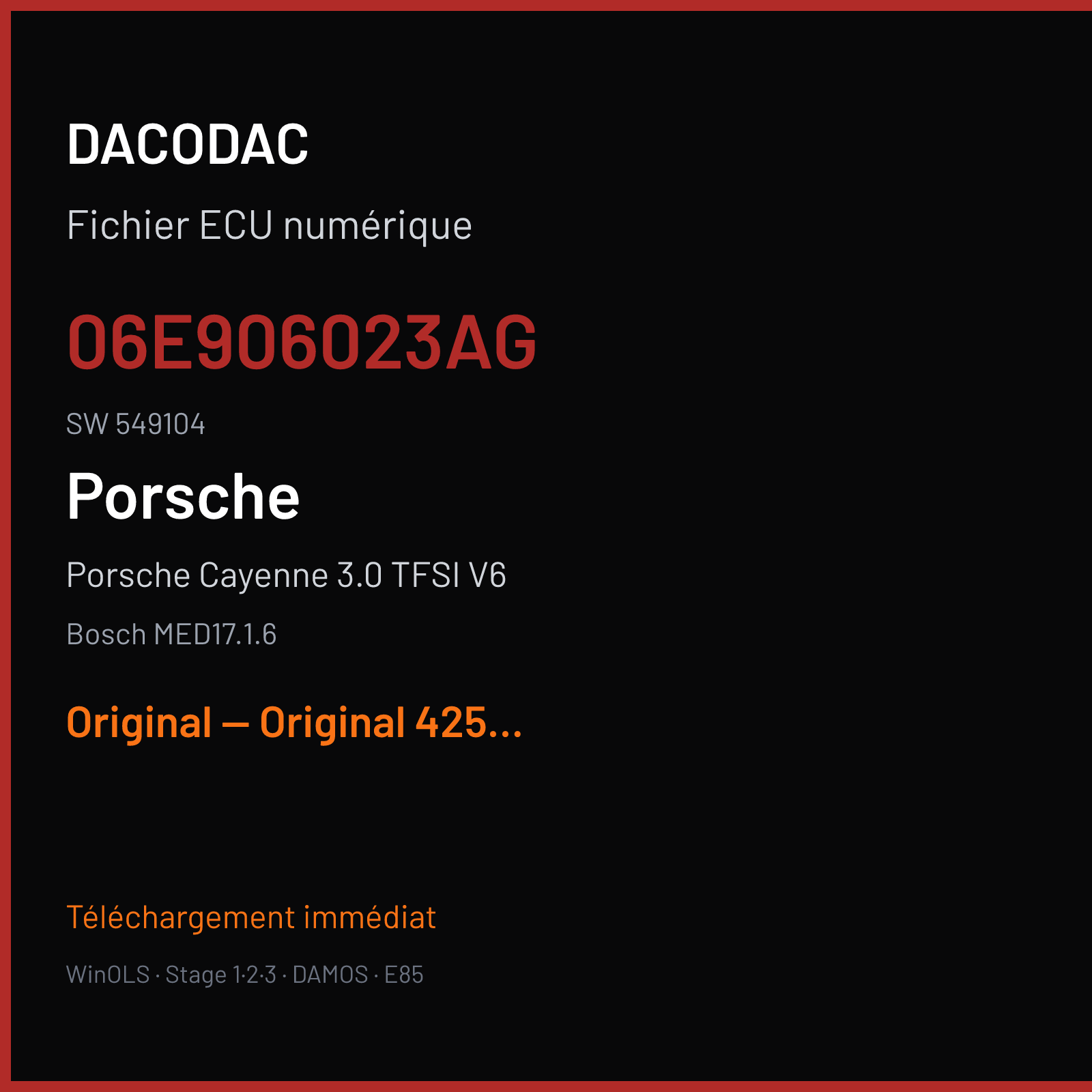 Porsche Cayenne 3.0 TFSI V6 (2015) — Bosch MED17.1.6 — 06E906023AG · 549104 — Original — Original 425hp 618nm