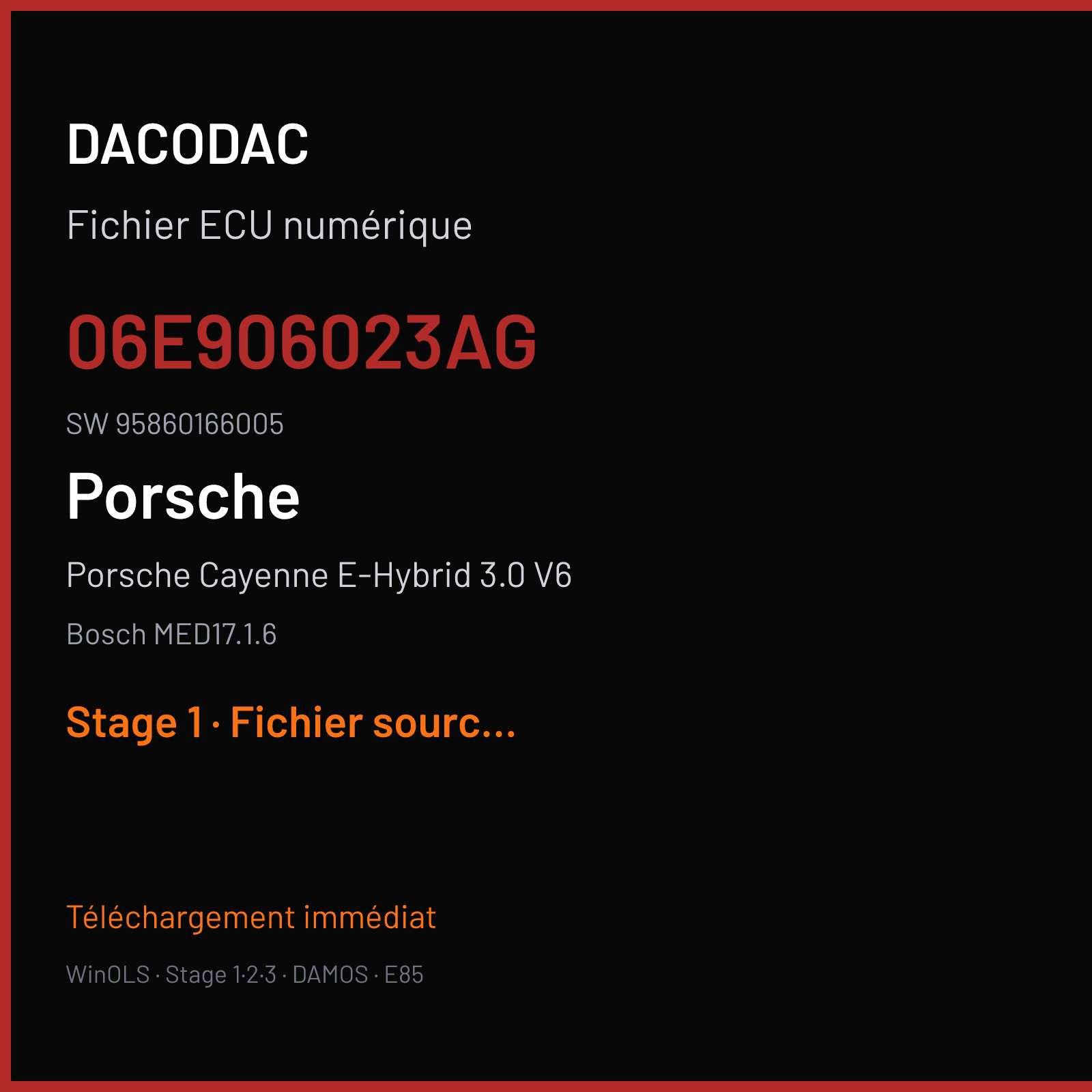 Porsche Cayenne E-Hybrid 3.0 V6 413 ch — Bosch MED17.1.6 — 06E906023AG · 95860166005 · 005682 — Stage 1