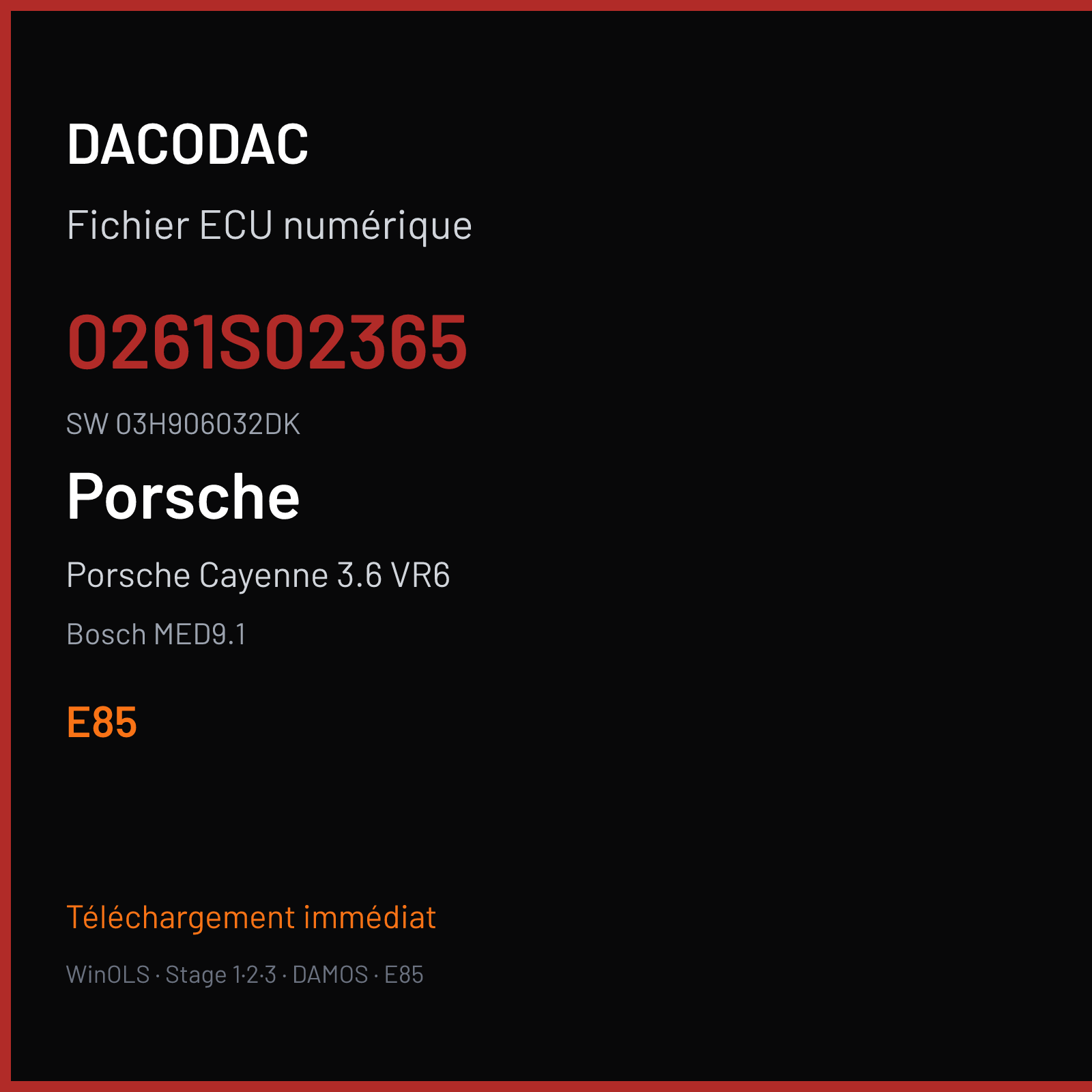 Porsche Cayenne 3.6 VR6 286 ch — Bosch MED9.1 — 0261S02365 · 03H906032DK · 393257 — E85