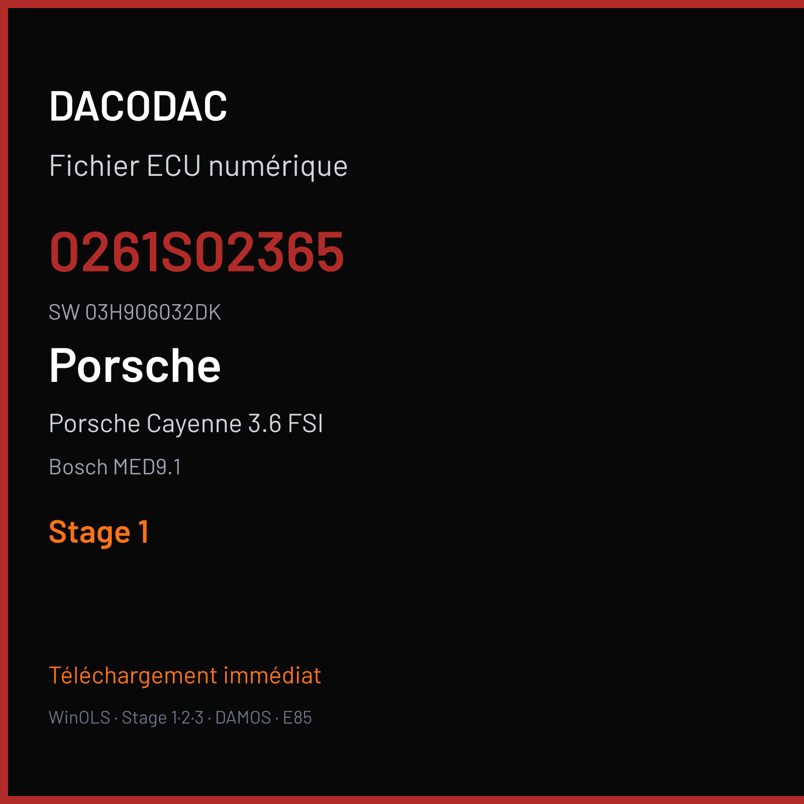 Porsche Cayenne 3.6 FSI 290 ch (2009) — Bosch MED9.1 — 0261S02365 · 03H906032DK · 396619 — Stage 1