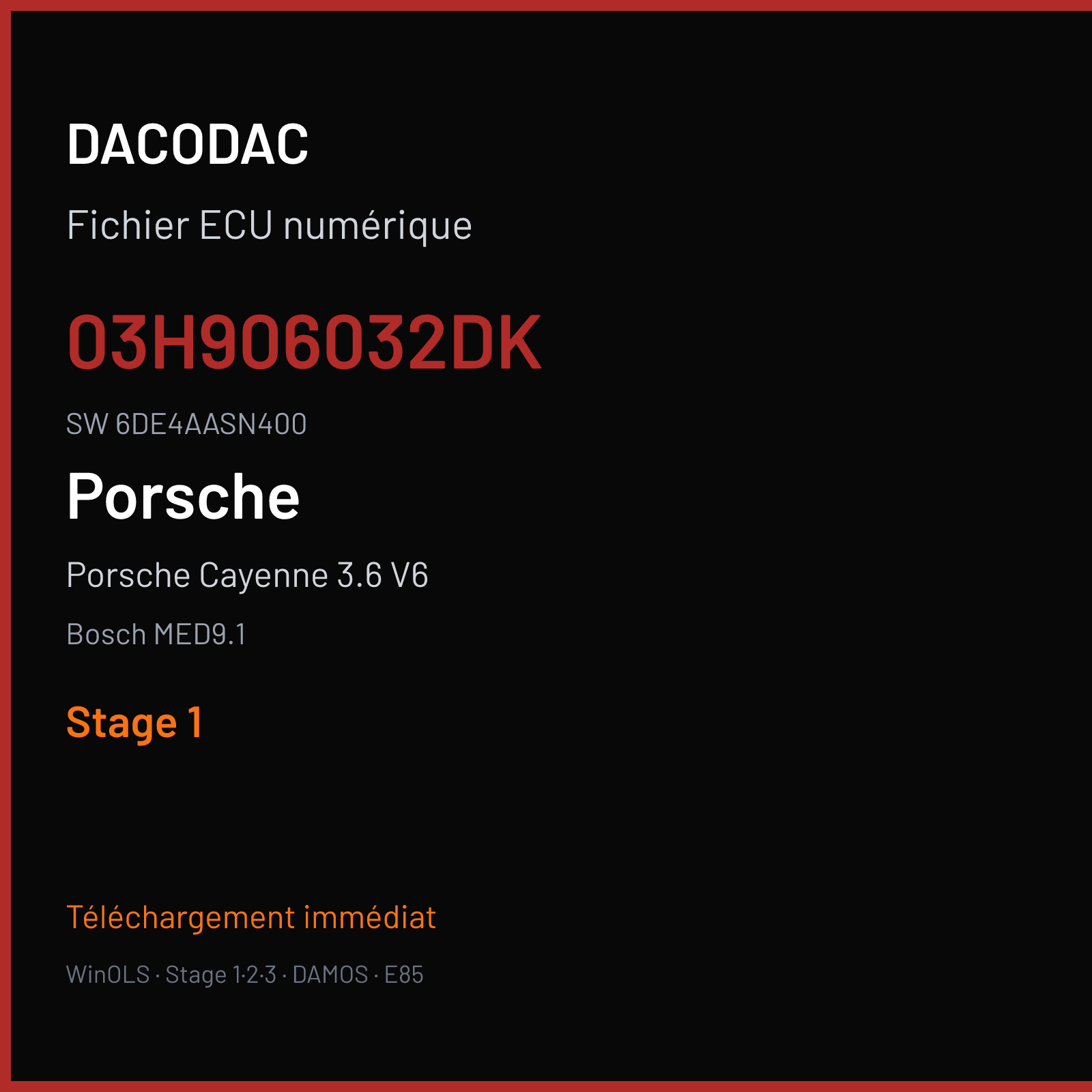 Porsche Cayenne 3.6 V6 290 ch (2009) — Bosch MED9.1 — 03H906032DK · 6DE4AASN400 · 396619 — Stage 1