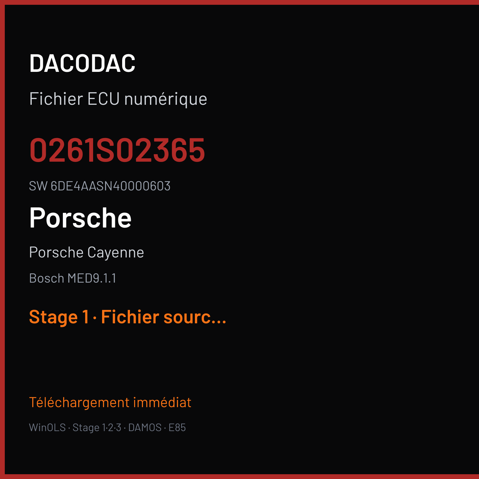 Porsche Cayenne (2010) — Bosch MED9.1.1 — 0261S02365 · 6DE4AASN40000603 — Stage 1