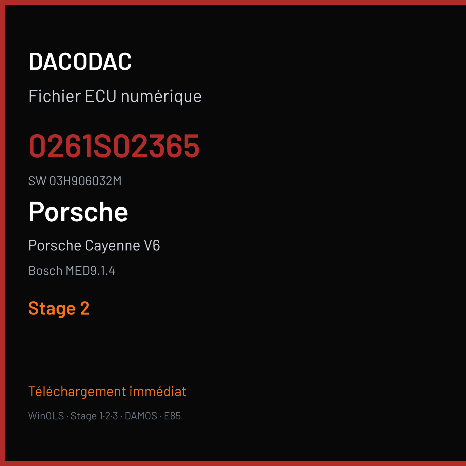 Porsche Cayenne V6 290 ch (2007) — Bosch MED9.1.4 — 0261S02365 · 03H906032M · 387734 — Stage 2