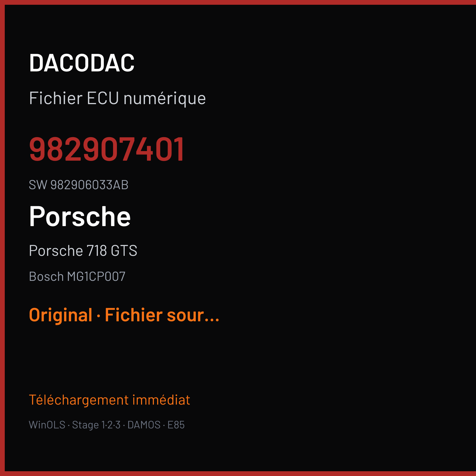 Porsche 718 GTS 400 ch — Bosch MG1CP007 — 982907401 · 982906033AB · 063715 — Original