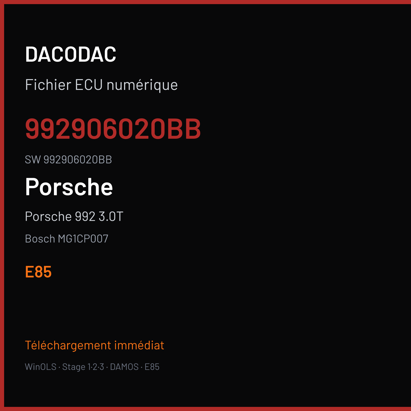 Porsche 992 3.0T 450 ch — Bosch MG1CP007 — 992906020BB · 992906020BB · 050654 — E85