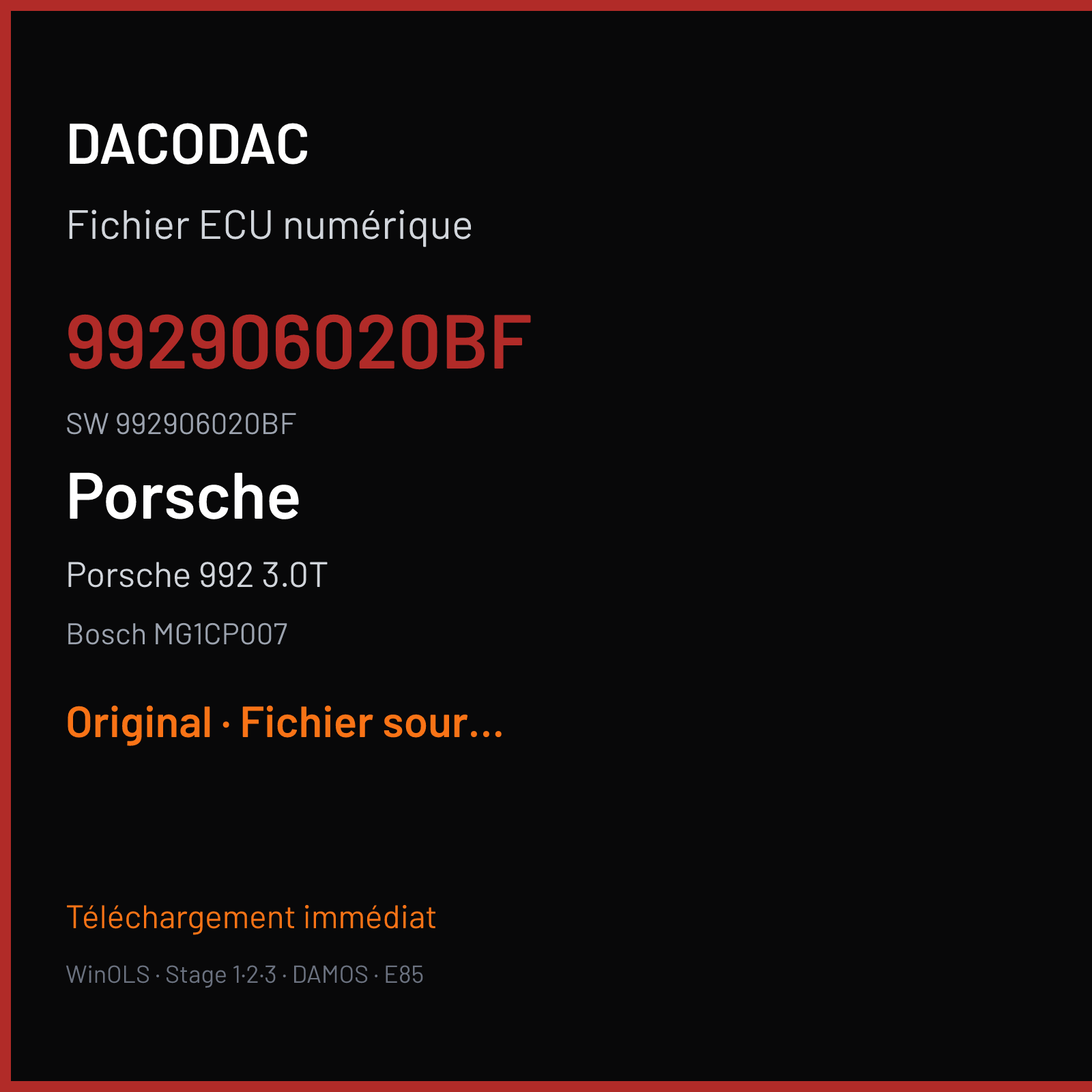 Porsche 992 3.0T 450 ch (2020) — Bosch MG1CP007 — 992906020BF · 992906020BF · 057423 — Original