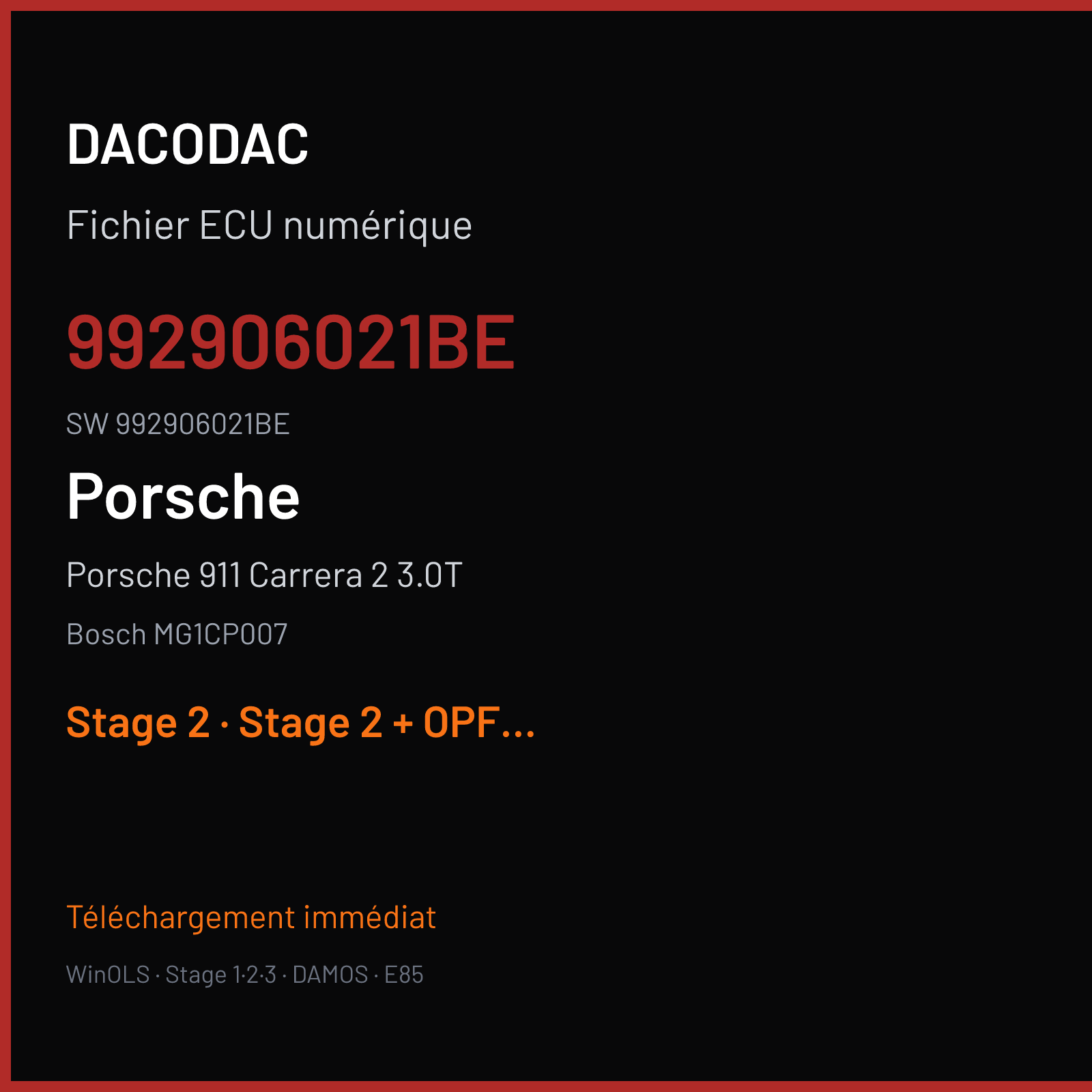Porsche 911 Carrera 2 3.0T 385 ch (2020) — Bosch MG1CP007 — 992906021BE · 992906021BE · 077488 — Stage 2