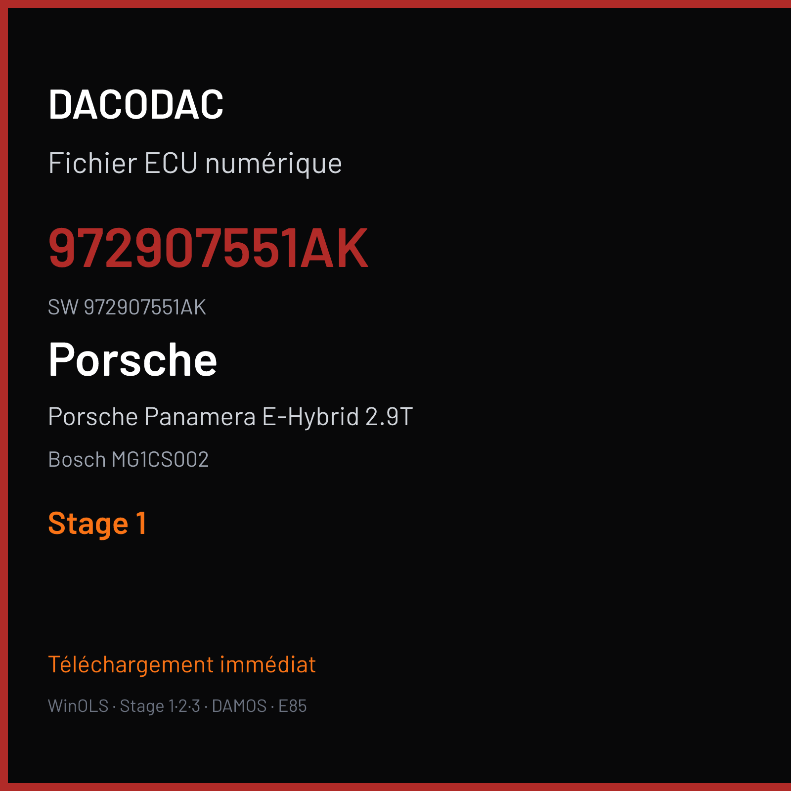 Porsche Panamera E-Hybrid 2.9T 560 ch (2020) — Bosch MG1CS002 — 972907551AK · 972907551AK · 068027 — Stage 1