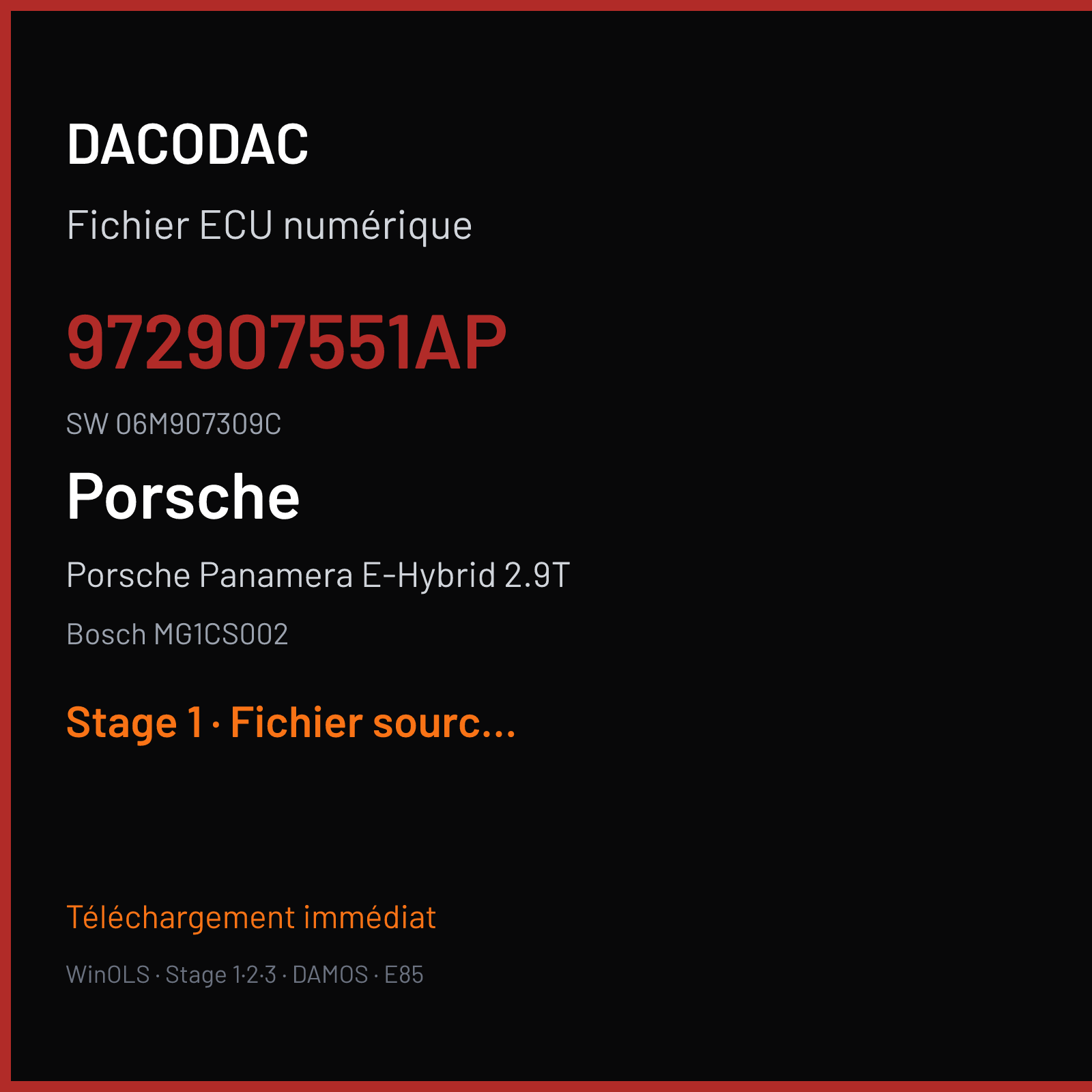 Porsche Panamera E-Hybrid 2.9T 462 ch (2018) — Bosch MG1CS002 — 972907551AP · 06M907309C · 070686 — Stage 1