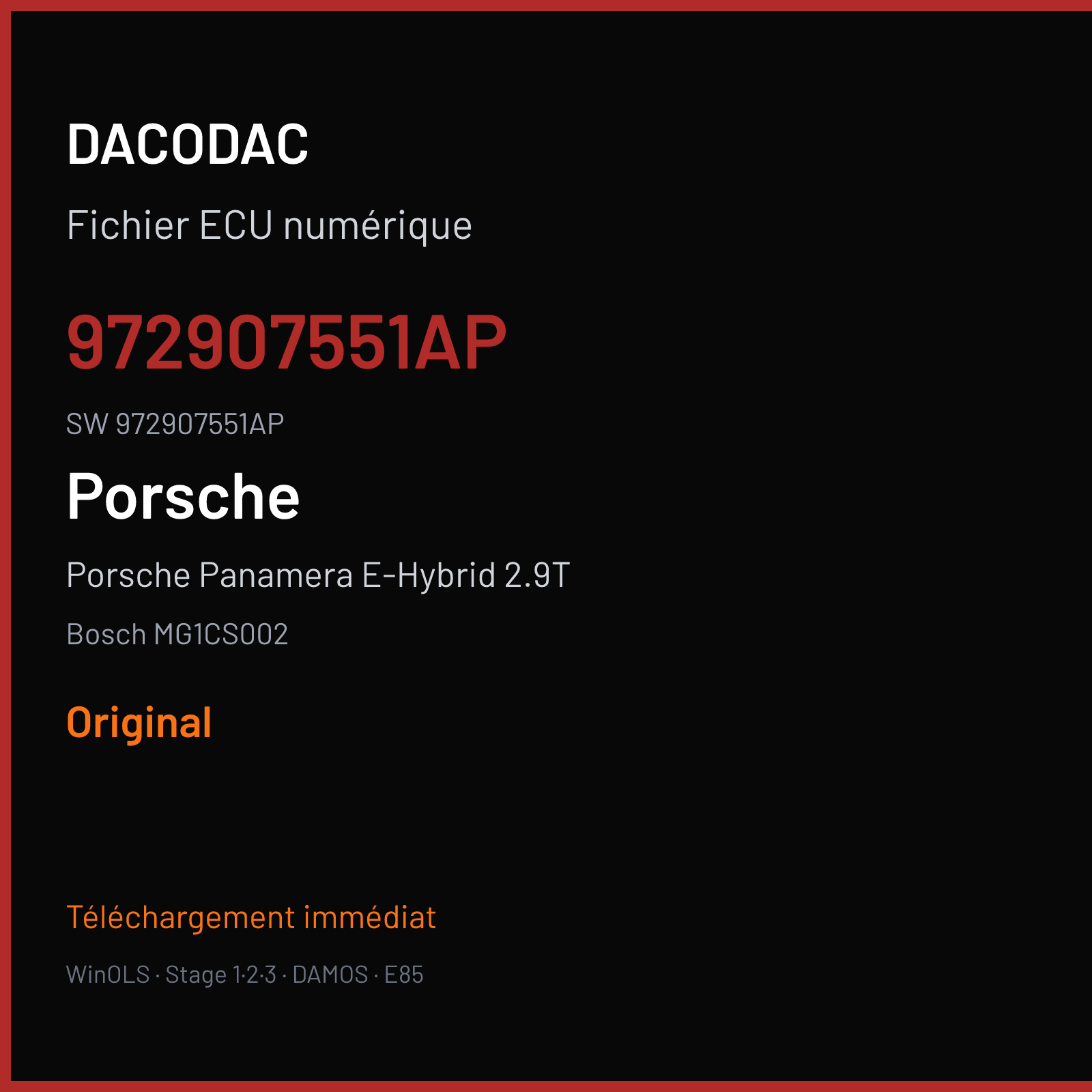 Porsche Panamera E-Hybrid 2.9T 462 ch (2018) — Bosch MG1CS002 — 972907551AP · 972907551AP · 070686 — Original