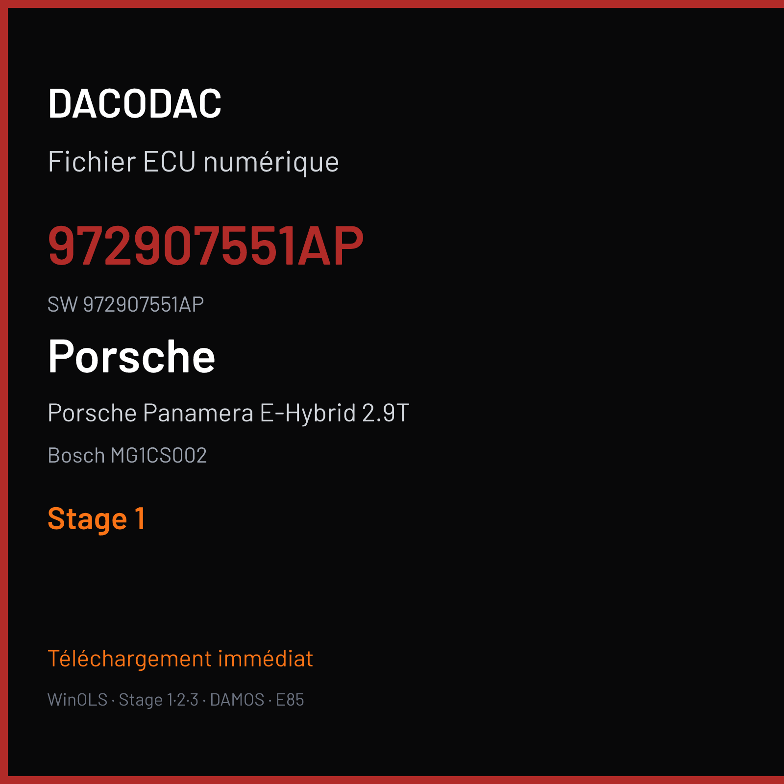 Porsche Panamera E-Hybrid 2.9T 462 ch (2018) — Bosch MG1CS002 — 972907551AP · 972907551AP · 070686 — Stage 1