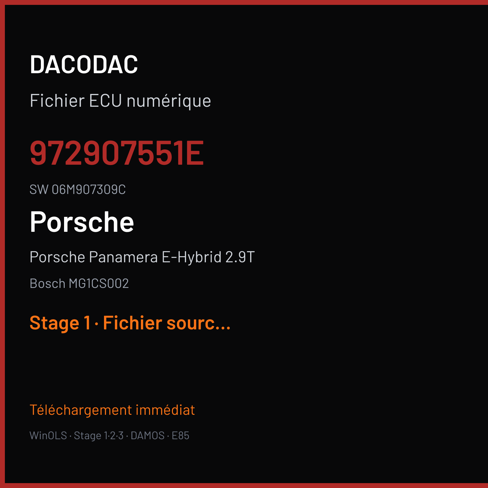 Porsche Panamera E-Hybrid 2.9T 462 ch (2018) — Bosch MG1CS002 — 972907551E · 06M907309C · 027659 — Stage 1