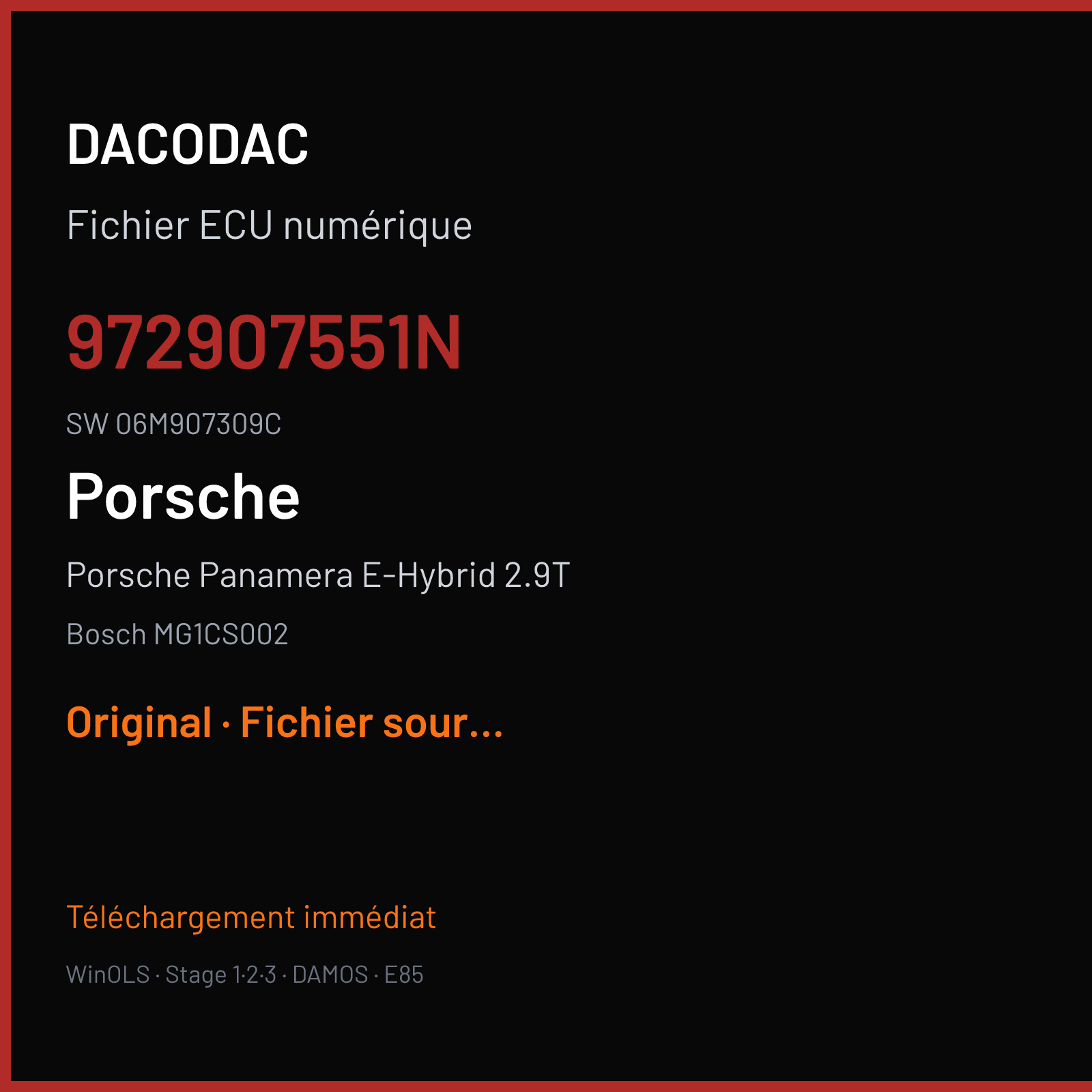 Porsche Panamera E-Hybrid 2.9T 462 ch (2018) — Bosch MG1CS002 — 972907551N · 06M907309C · 562316 — Original