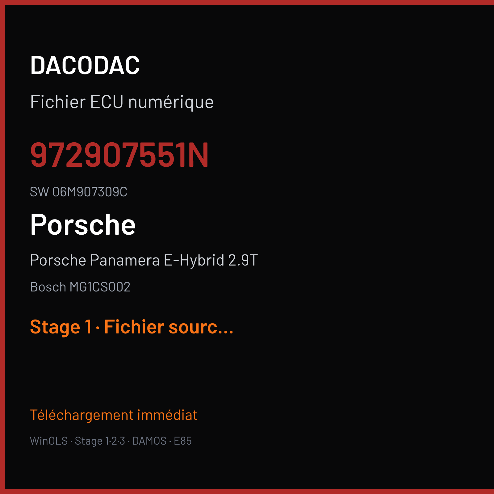 Porsche Panamera E-Hybrid 2.9T 462 ch (2018) — Bosch MG1CS002 — 972907551N · 06M907309C · 562316 — Stage 1