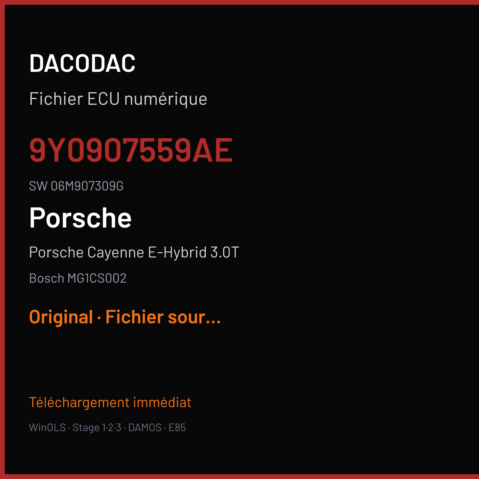 Porsche Cayenne E-Hybrid 3.0T 462 ch (2020) — Bosch MG1CS002 — 9Y0907559AE · 06M907309G · 562316 — Original