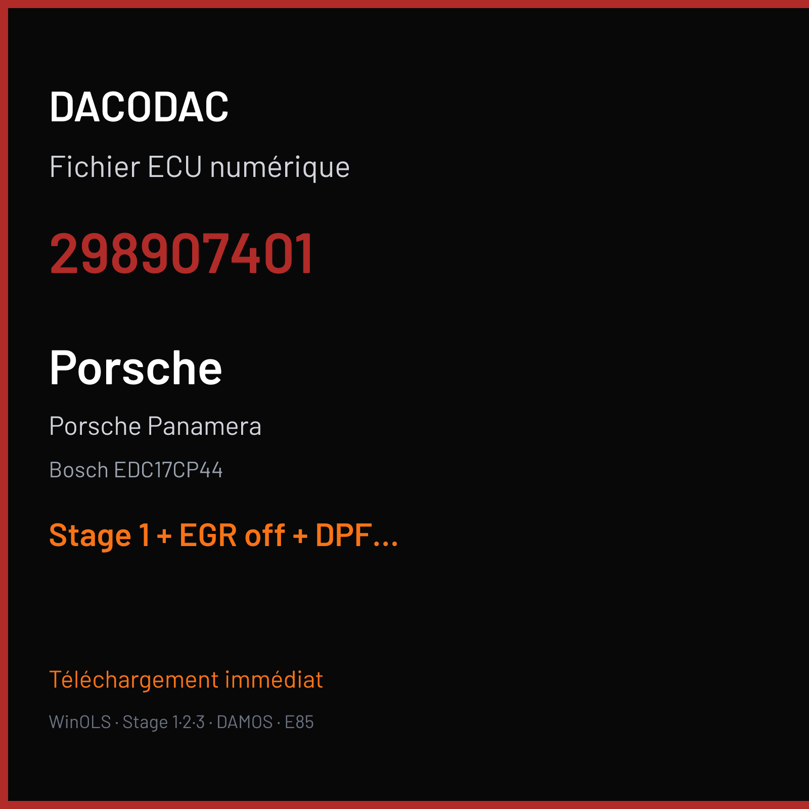 Porsche Panamera (2012) — Bosch EDC17CP44 — 298907401 — Stage 1 + EGR off + DPF off + VMAX off