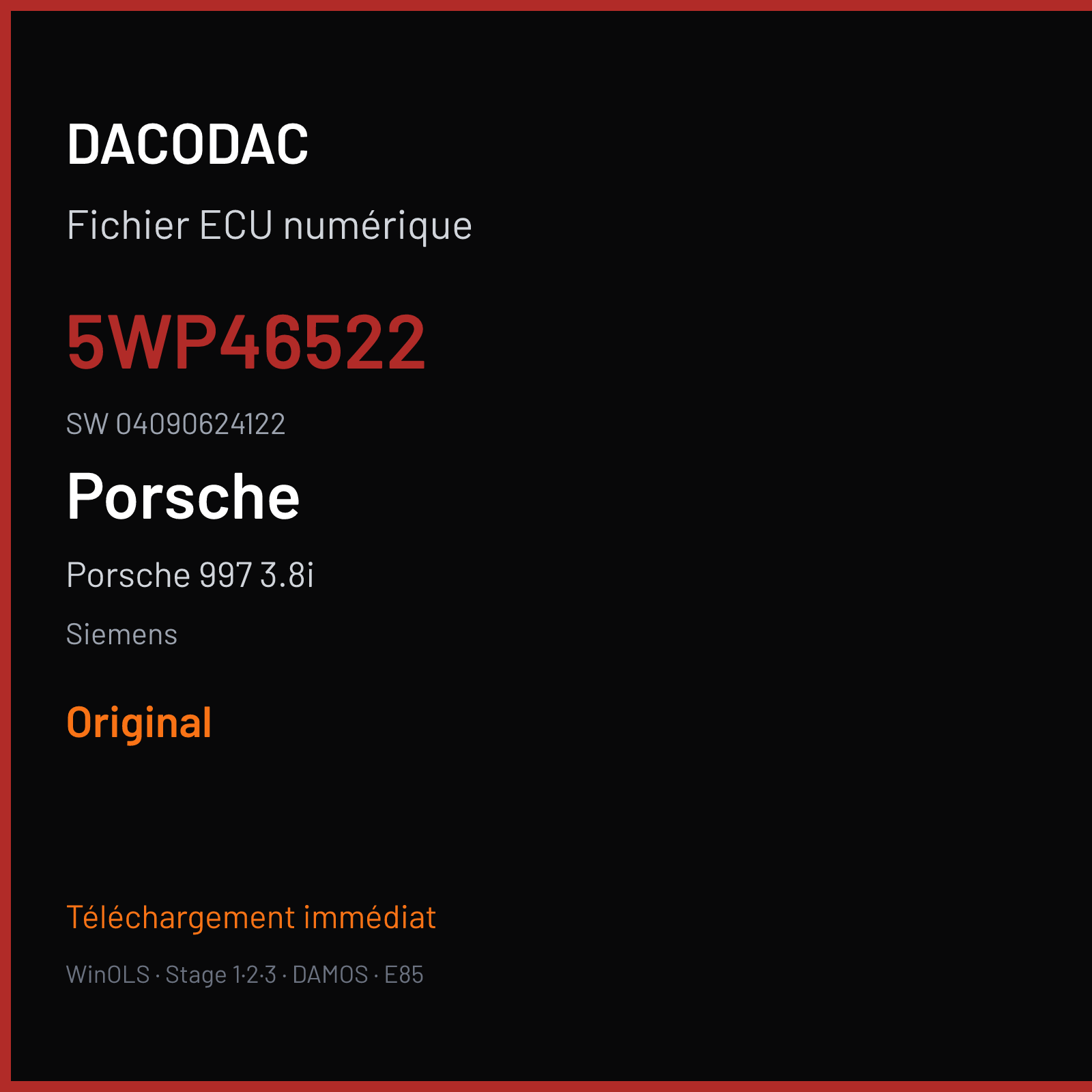 Porsche 997 3.8i 385 ch — Siemens — 5WP46522 · 04090624122 · W0100F7000000 SDI3.1 — Original