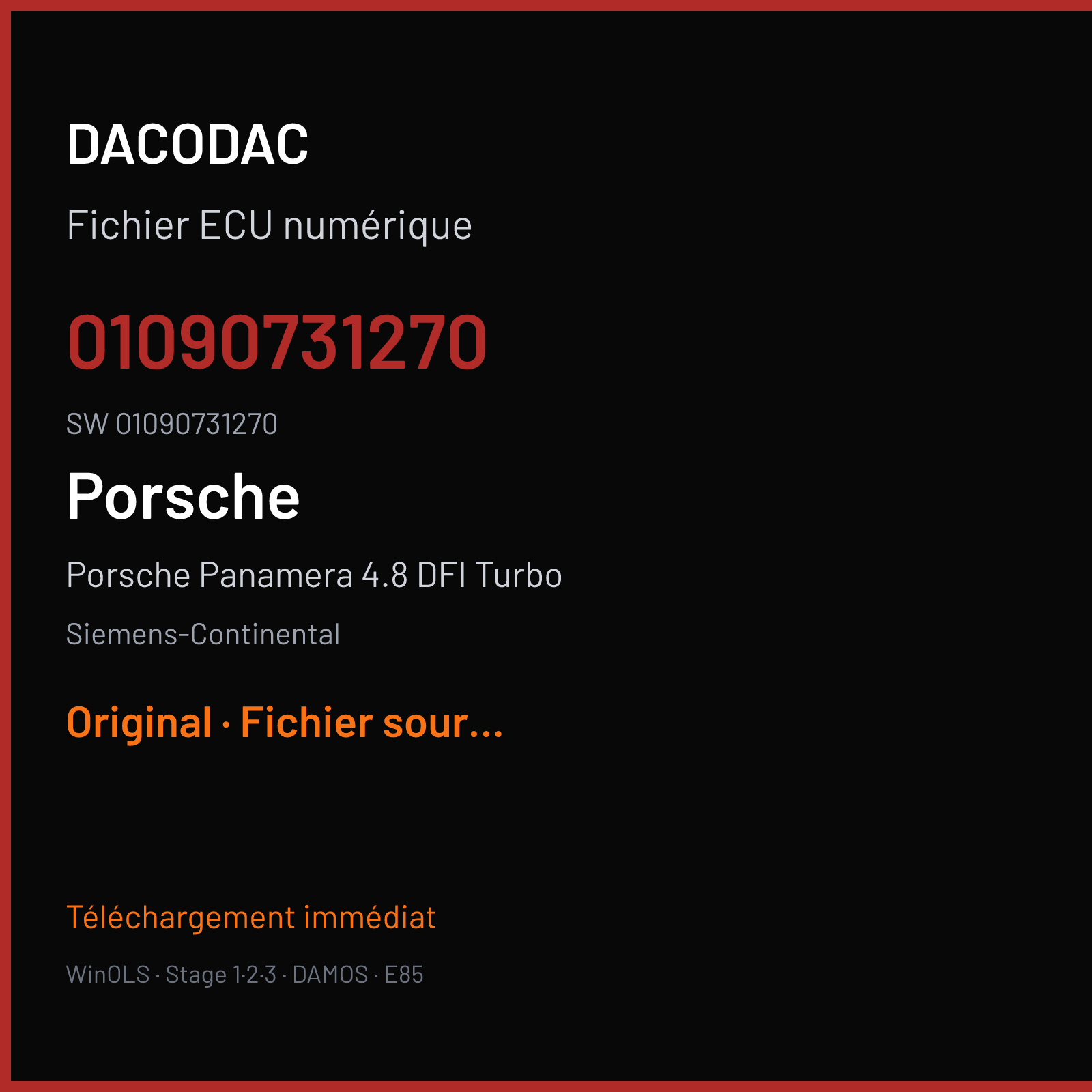 Porsche Panamera 4.8 DFI Turbo 500 ch (2013) — Siemens-Continental — 01090731270 · 01090731270 · W030078000000 SDI6 — Original