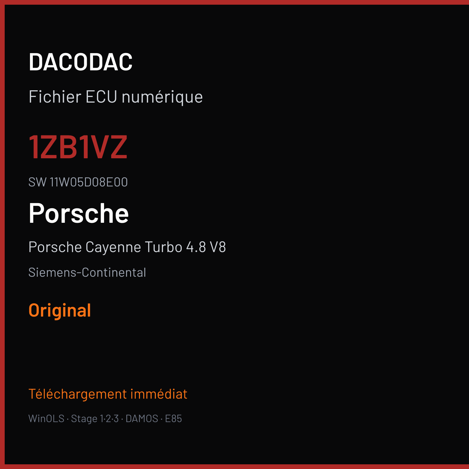 Porsche Cayenne Turbo 4.8 V8 500 ch (2011) — Siemens-Continental — 1ZB1VZ · 11W05D08E00 · W05008E000000 SDI8 — Original