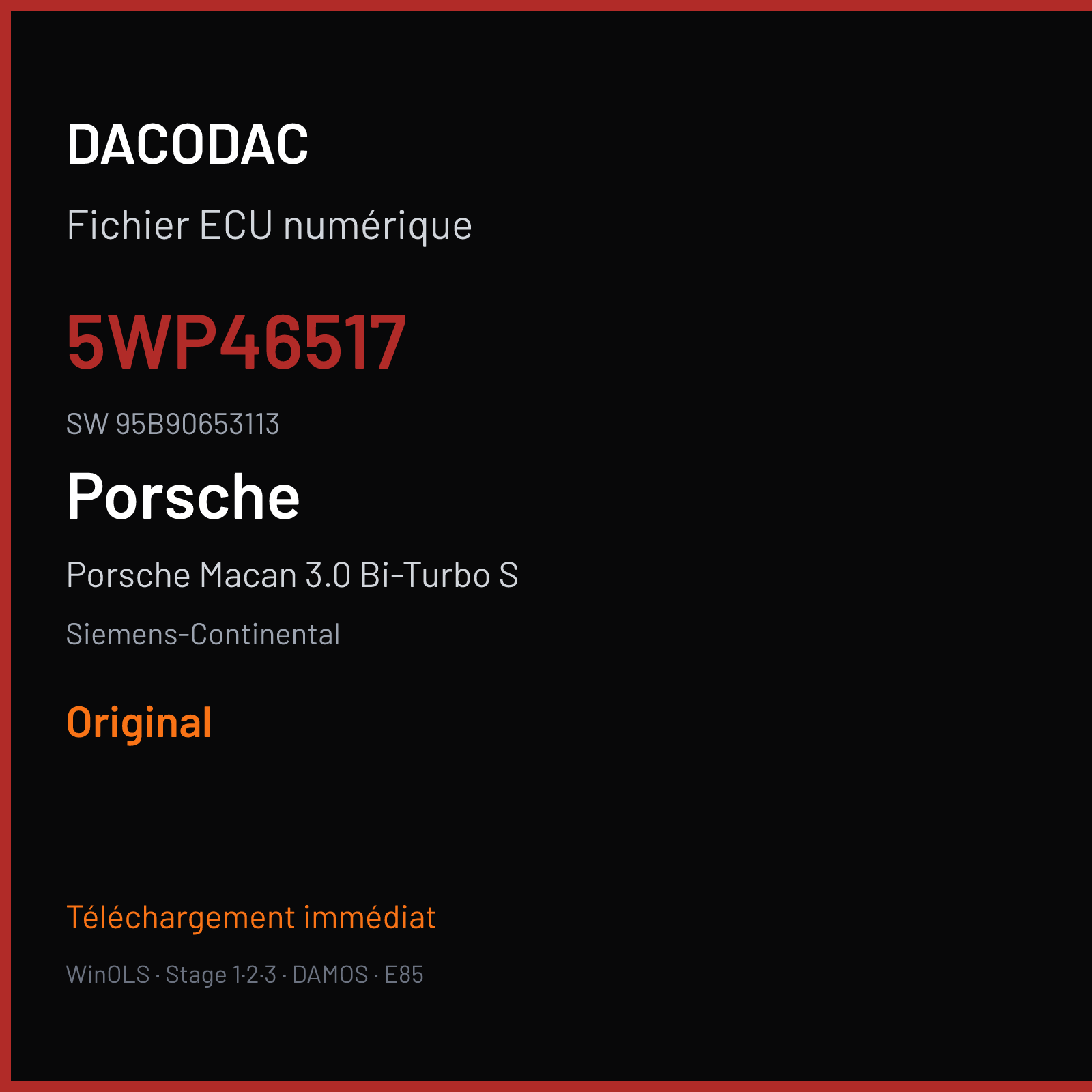 Porsche Macan 3.0 Bi-Turbo S 340 ch (2013) — Siemens-Continental — 5WP46517 · 95B90653113 · W0800B2000000 SDI 10.2 — Original