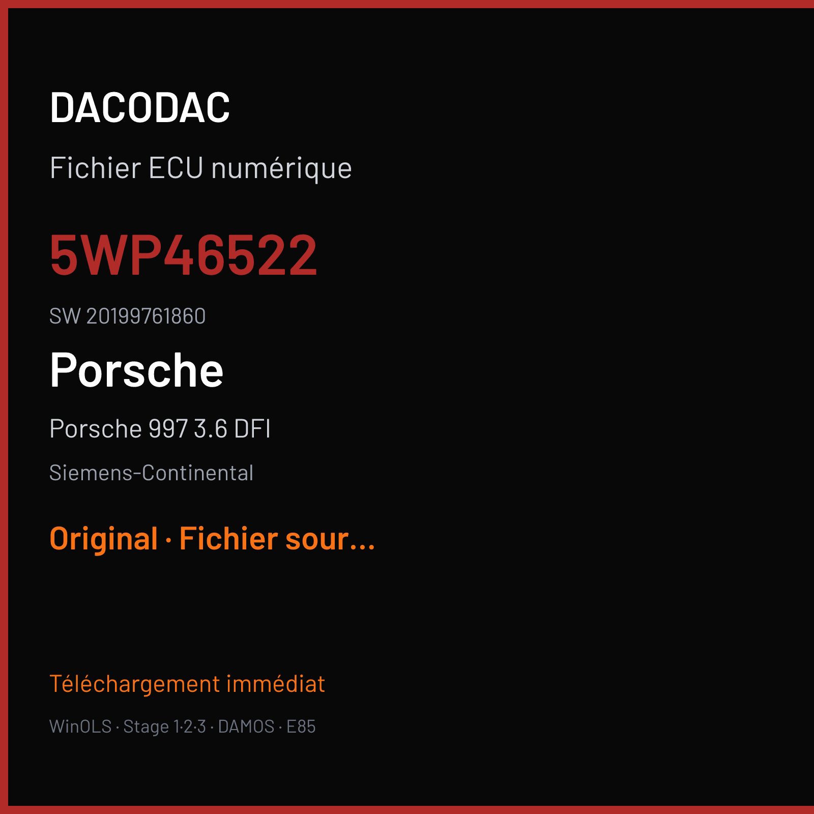 Porsche 997 3.6 DFI 345 ch (2009) — Siemens-Continental — 5WP46522 · 20199761860 · W01F40 SDI3 — Original