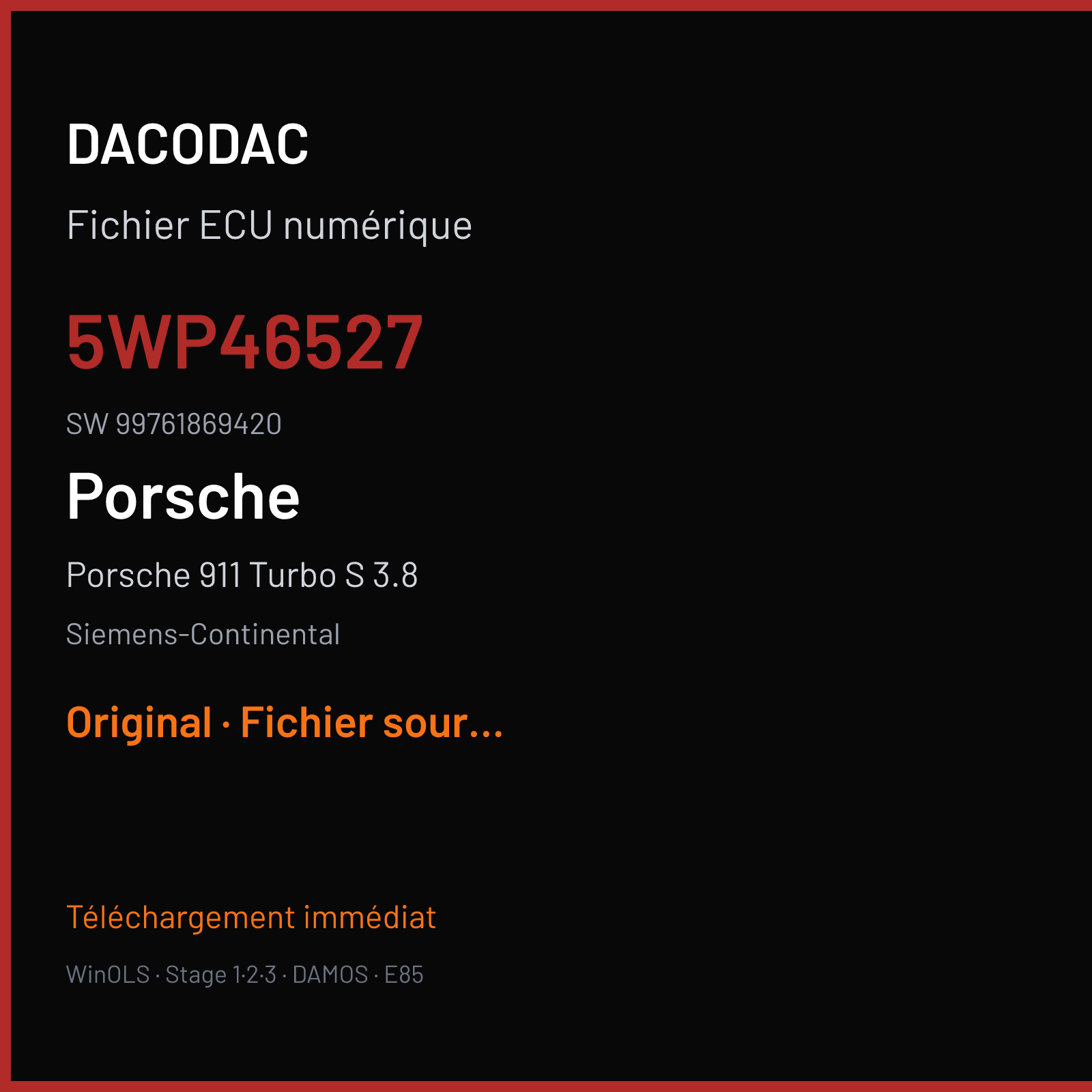 Porsche 911 Turbo S 3.8 530 ch (2010) — Siemens-Continental — 5WP46527 · 99761869420 · WS1L40C8 38TES20 W0100L4000000 SDI3 — Original