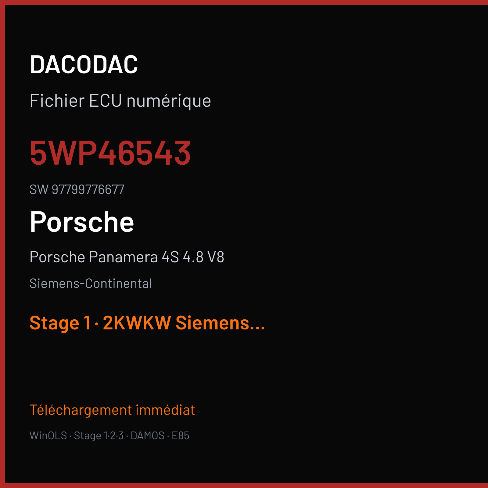 Porsche Panamera 4S 4.8 V8 400 ch (2011) — Siemens-Continental — 5WP46543 · 97799776677 · W030084500000 SDI6 .Porsche Panamera S 4.8 V8 2013 Benzin 294 — Stage 1